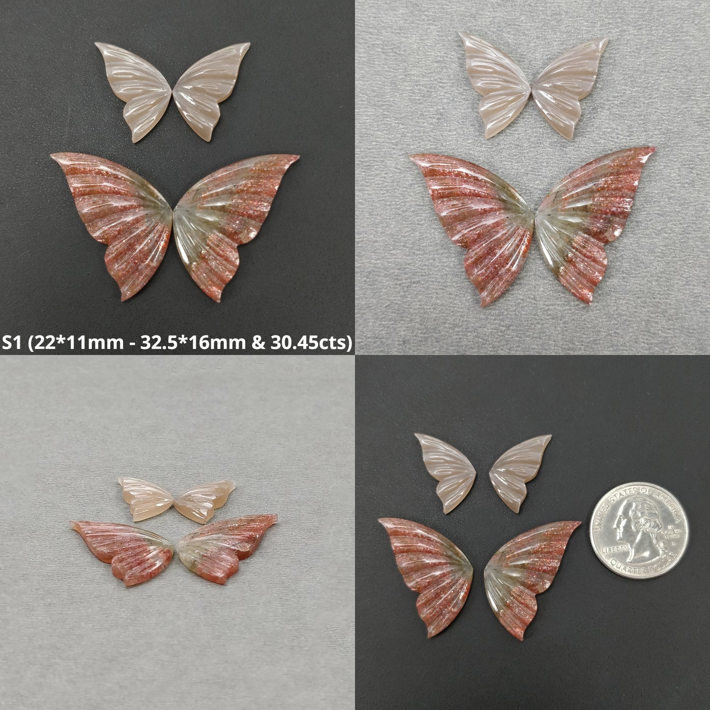 Orange Sunstone & Peach Moonstone Gemstone Carving : Natural Untreated Unheated Hand Carved Butterfly 2 Pair Set