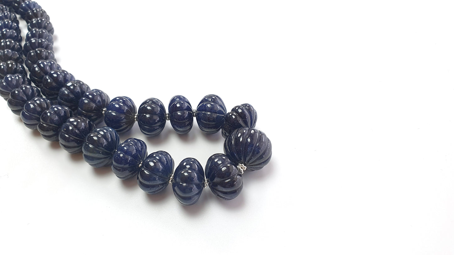 Blue Sapphire Gemstone Melon Beads Necklace : 1156.50cts 925 Sterling Silver Natural Sapphire Hand Carved Rondelle Melon Beads 11mm-20mm 20"