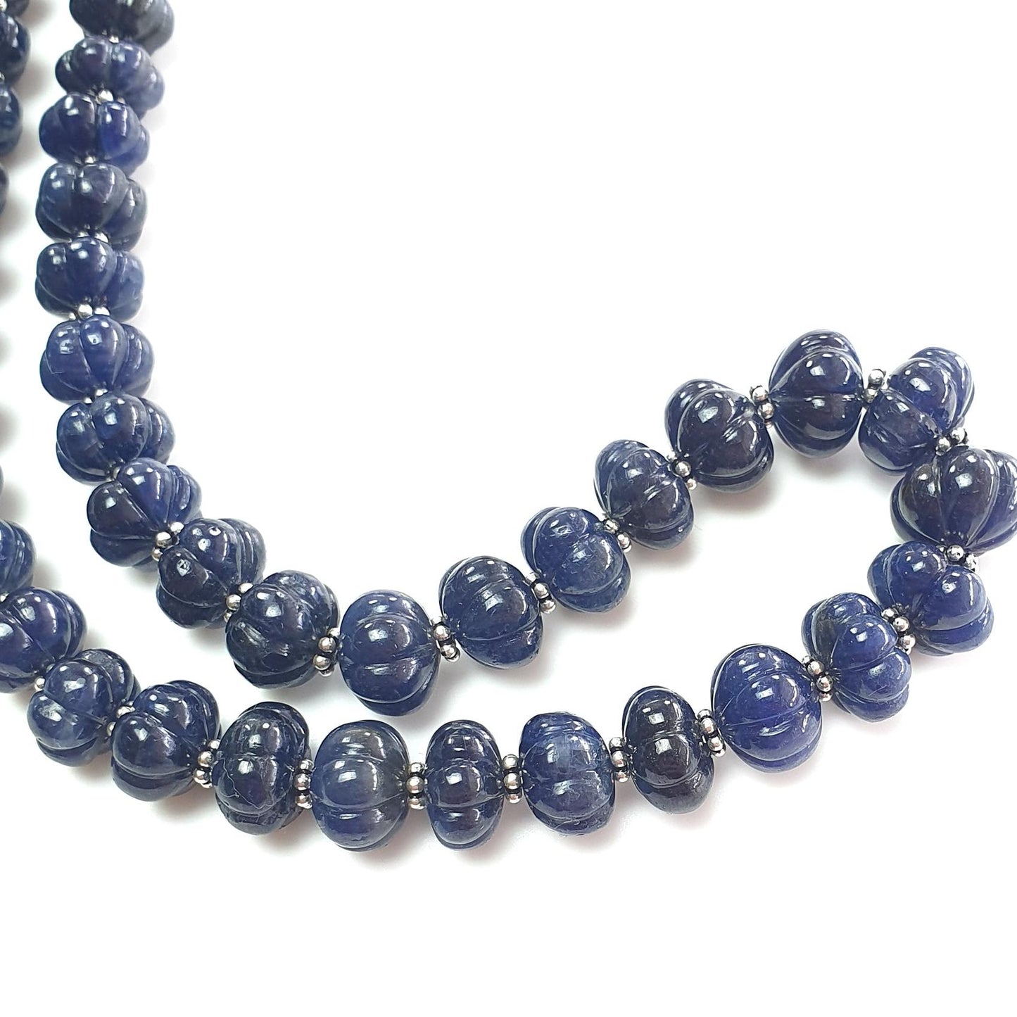Blue Sapphire Gemstone Melon Beads Necklace : 381.30cts 925 Sterling Silver Natural Sapphire Hand Carved Rondelle Melon Beads 8mm-10mm 20"