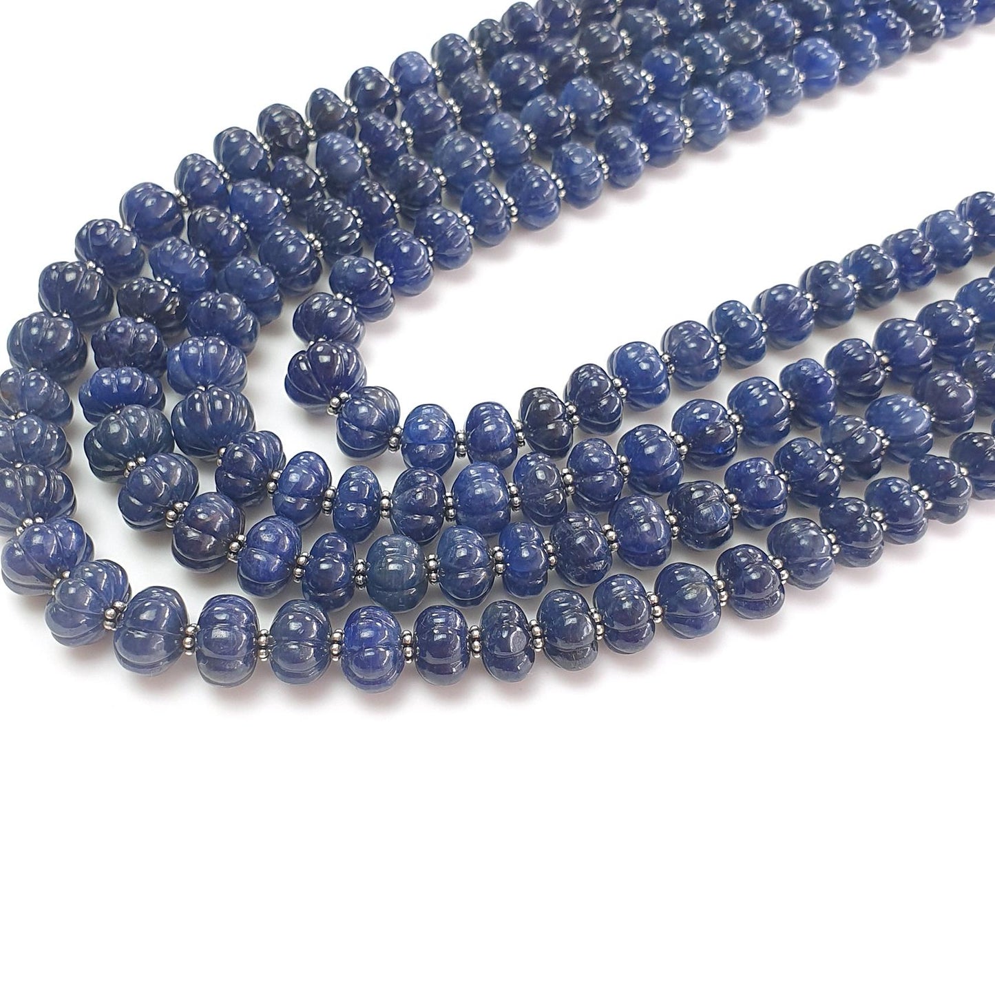 Blue Sapphire Gemstone Melon Beads Necklace : 1456.60cts Natural Sapphire Hand Carved Rondelle Melon Beads 7mm-11mm 16 "- 21"