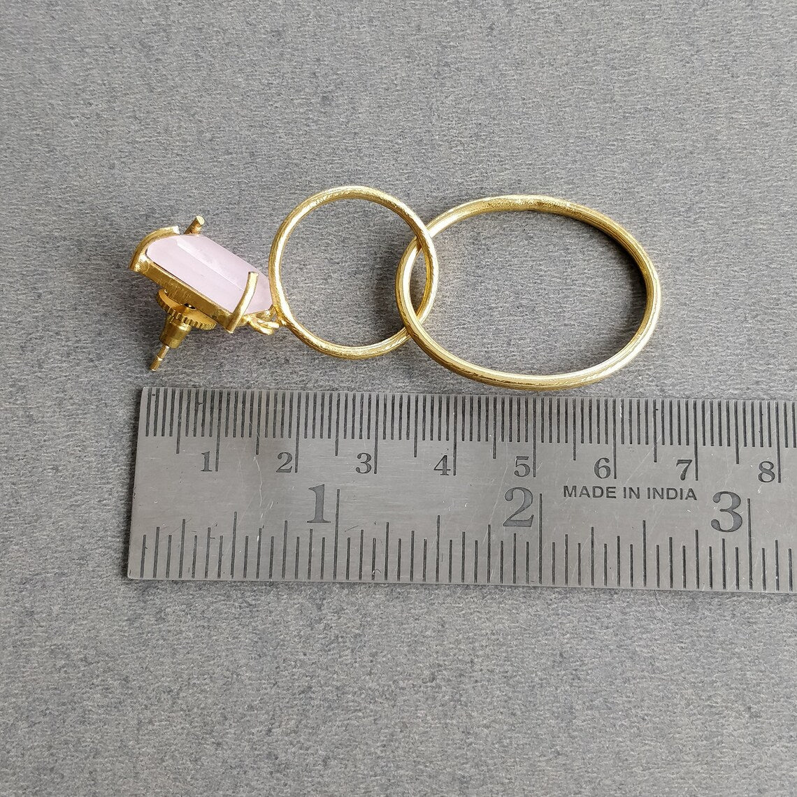 Pink Quartz Gemstone Earring : 2.75" Handmade Brass 18k Gold Plated 12.50gms Oval Round Prong Setting Drop Dangle Push Back Earring