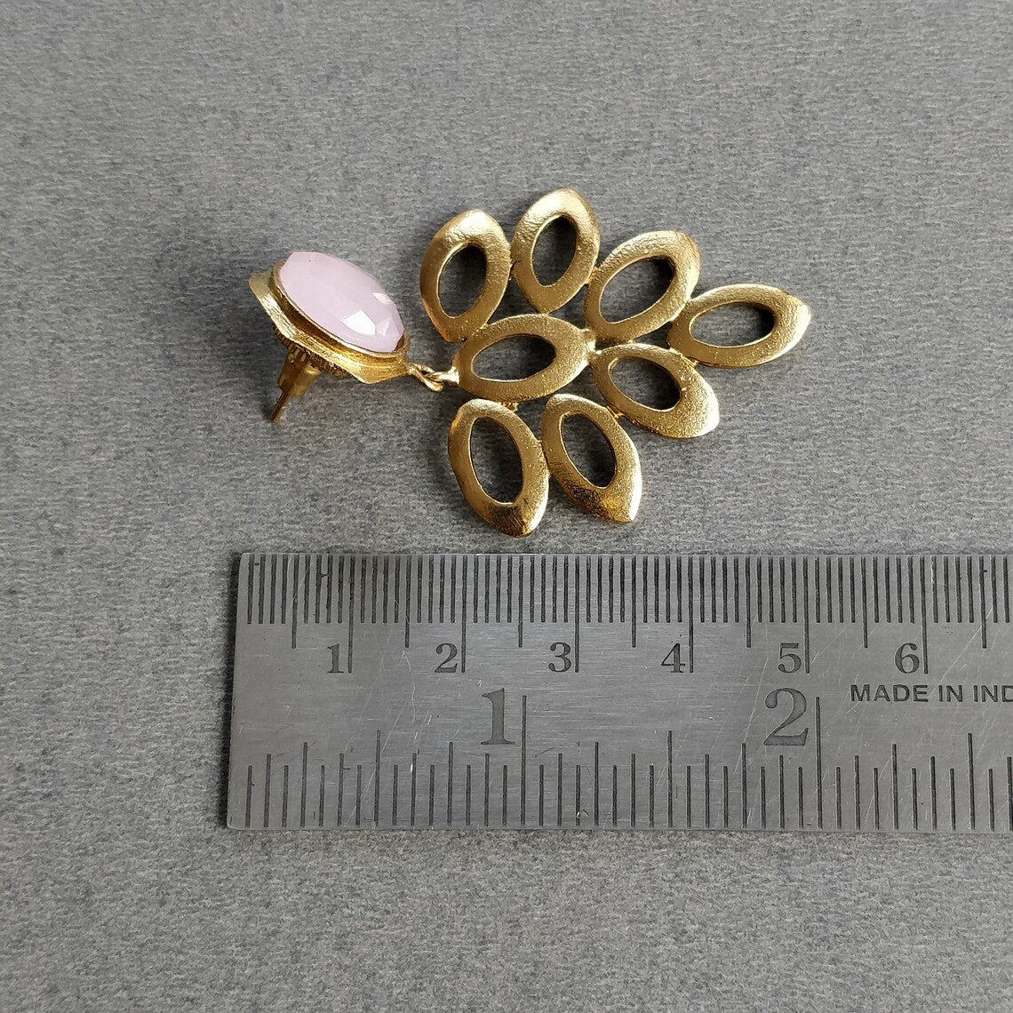 Pink Onyx Gemstone Earring : 2.25" Handmade Brass 18k Gold Plated 9.50gms Round Floral Design Faceted Bezel Setting Push Back Earring