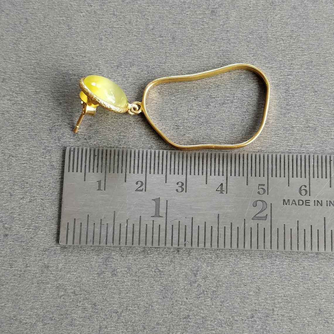 Yellow Cat's Eye Gemstone Earring : 1.75" Handmade Brass 18k Gold Plated 6.00gms Bezel Setting Drop Dangle Push Back Earring