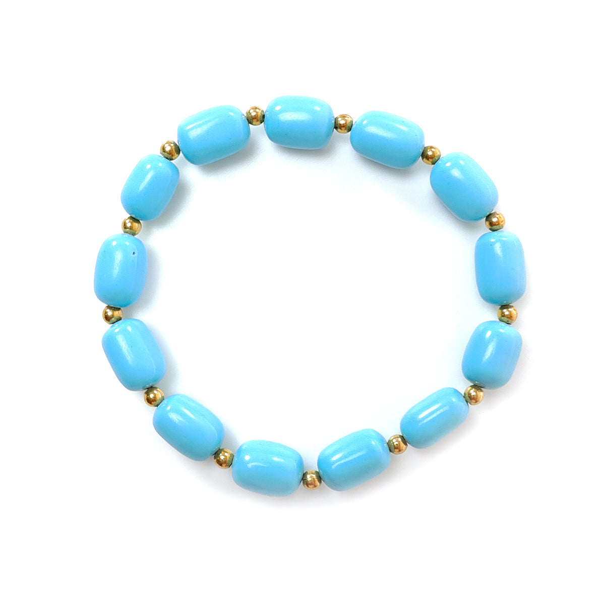 53.70cts Synthetic Turquoise Plain Beads Baguette Stretchable Brass Bracelet 11mm 6"