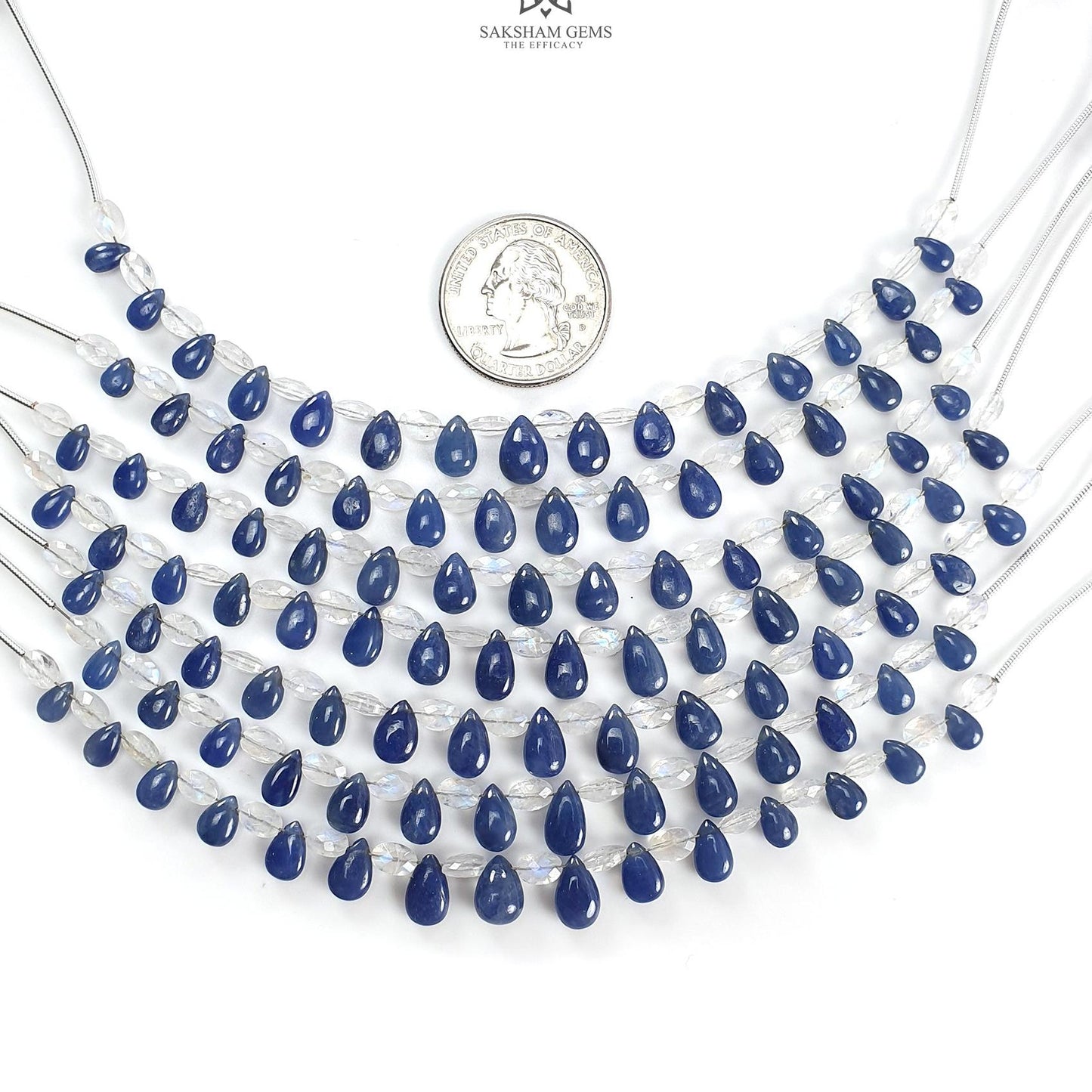 Blue Sapphire Rainbow Moonstone Loose Beads : 29.50cts (Apx) Natural Untreated Sapphire Faceted Plain Teardrop Oval 5.5"(Apx) 6*4mm- 10*7mm