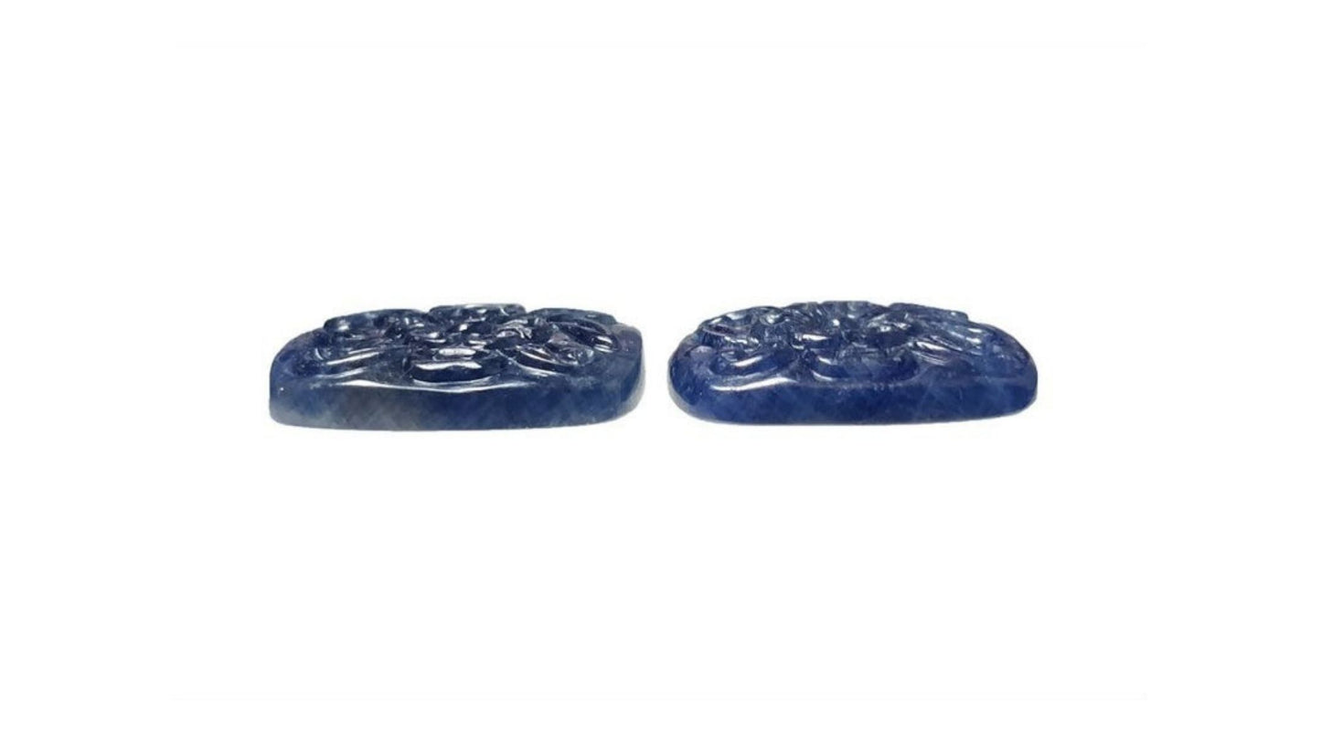 43.90cts Blue Sapphire Gemstone Natural Untreated Carving Cushion Shape 22*15mm Pair for Jewelry