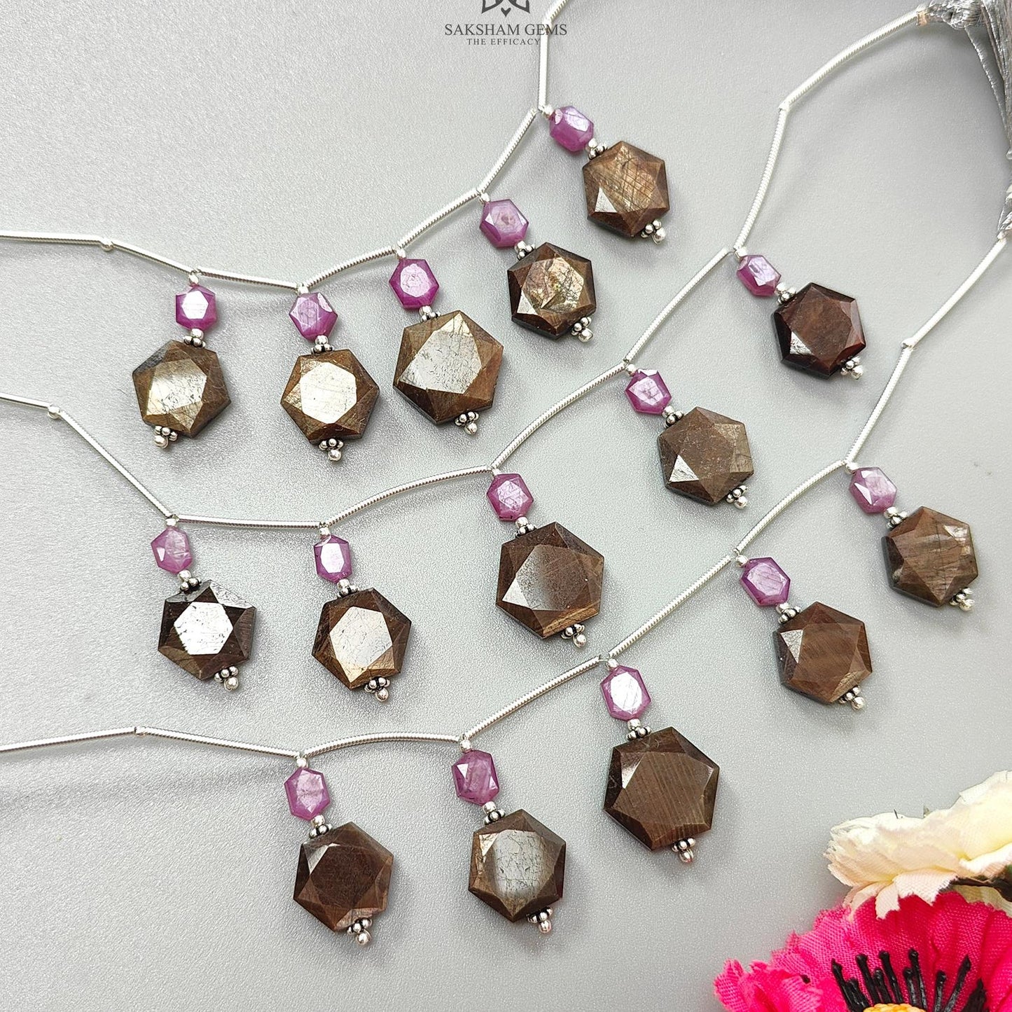 Golden Sapphire & Ruby Faceted Loose Beads: Natural Untreated Sapphire Raspberry Pink Ruby Fancy Cut Hexagon Shape 925 Sterling Silver Beads