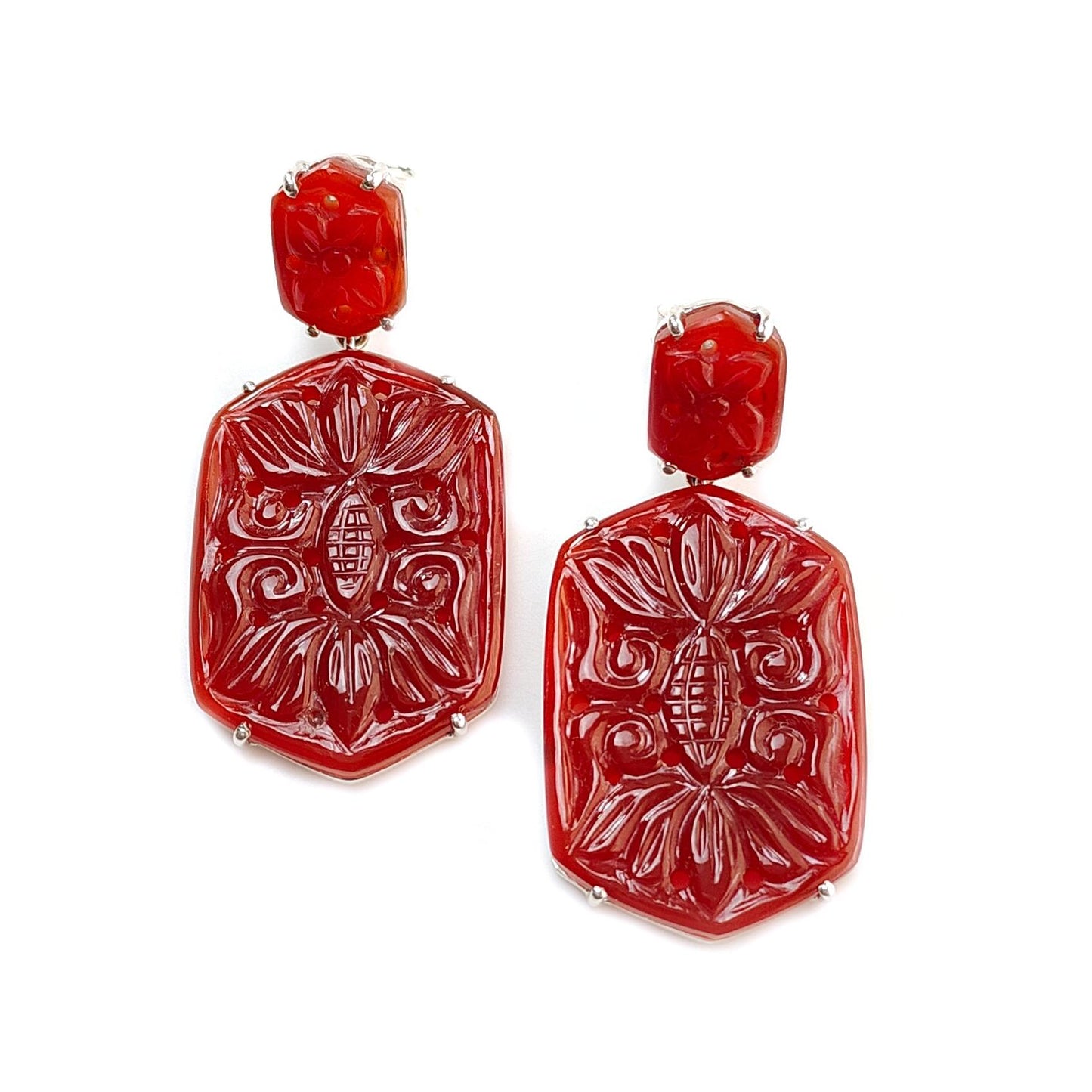 Orange Onyx Carving Silver Earring: 12.04gms Natural Onyx Hand Carved Hexagon Shape 925 Sterling Silver Prong Set Push Back Stud Earring 2"