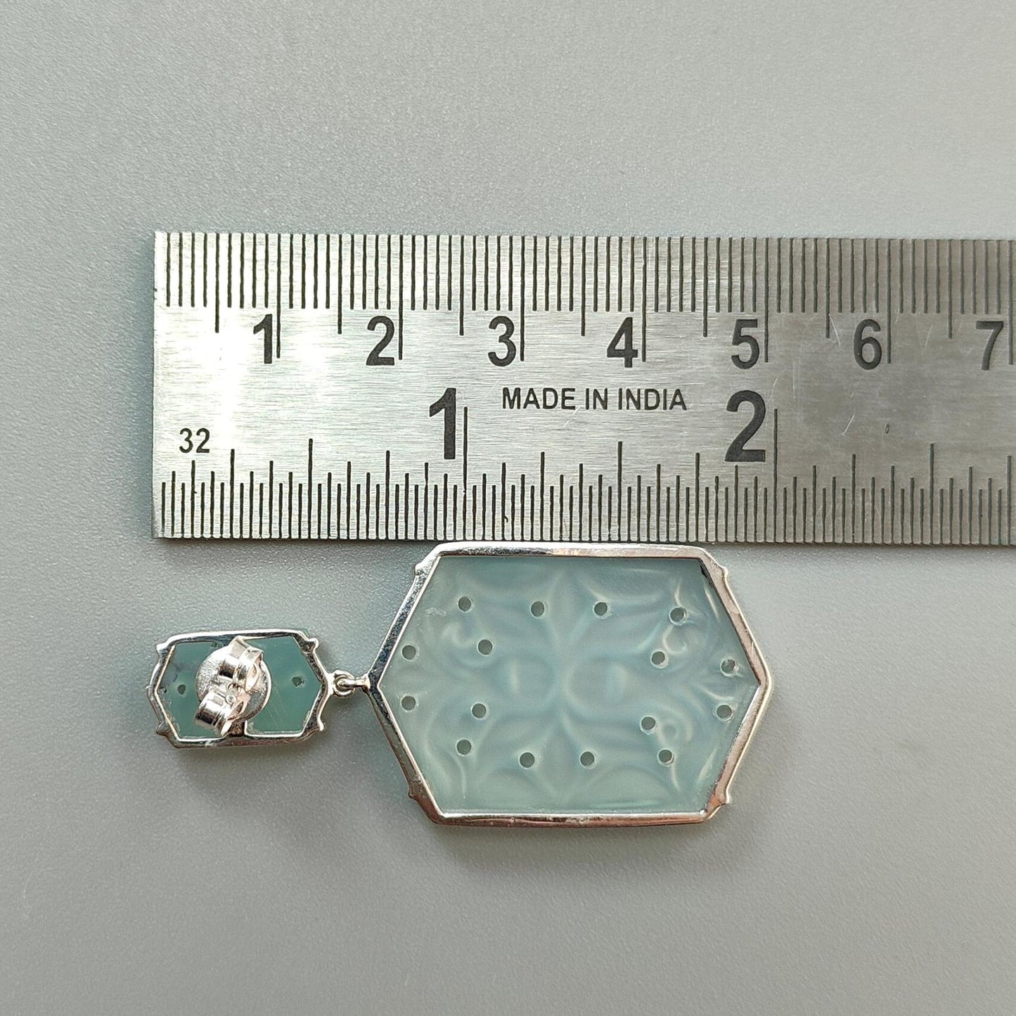 Light Blue Onyx Carving Silver Earring: 12.13gms Natural Onyx Hand Carved Hexagon 925 Sterling Silver Prong Set Push Back Stud Earring 2"