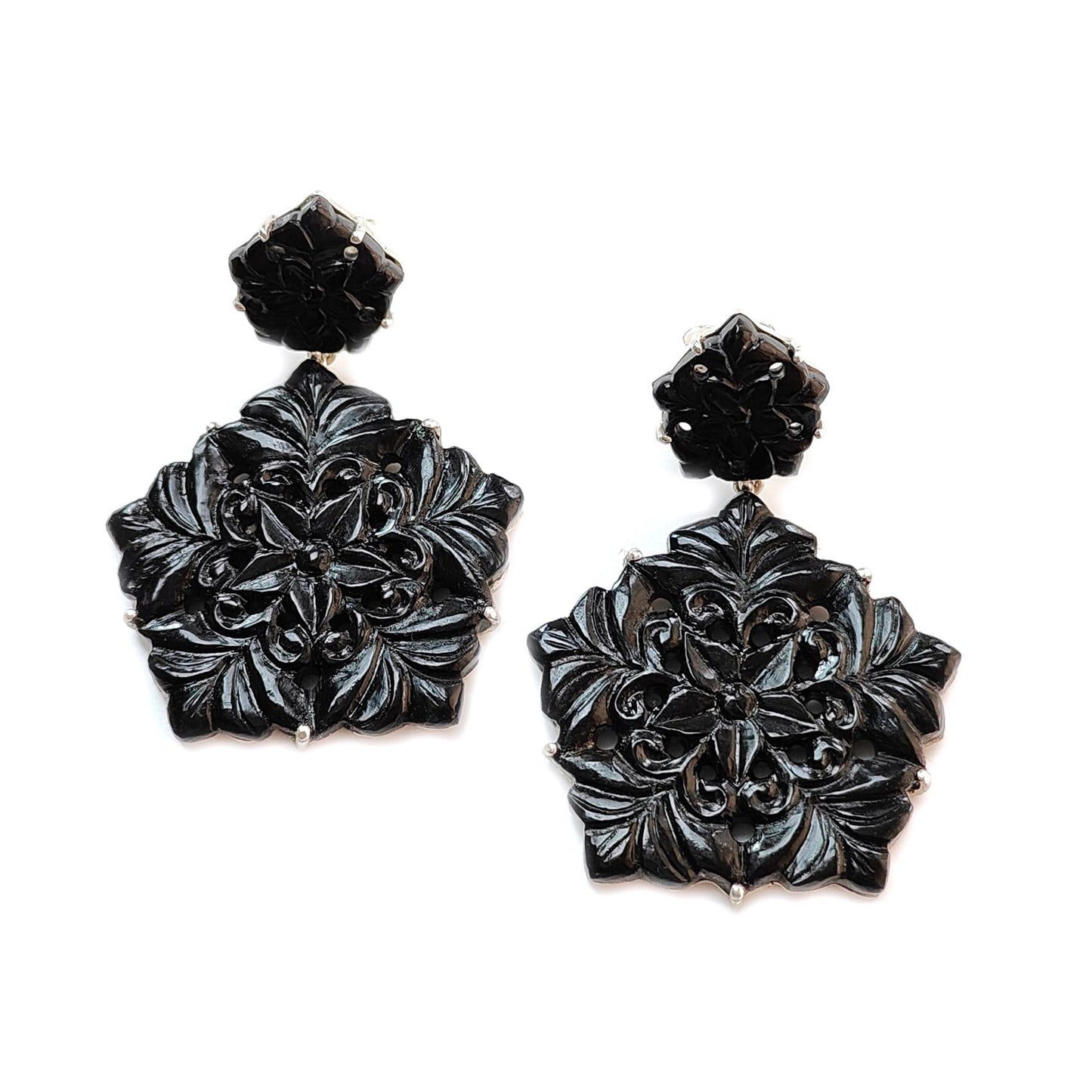 Black Onyx Carving Silver Earring: 14.82gms Natural Onyx Hand Carved Hexagon Shape 925 Sterling Silver Prong Set Push Back Stud Earring 2"