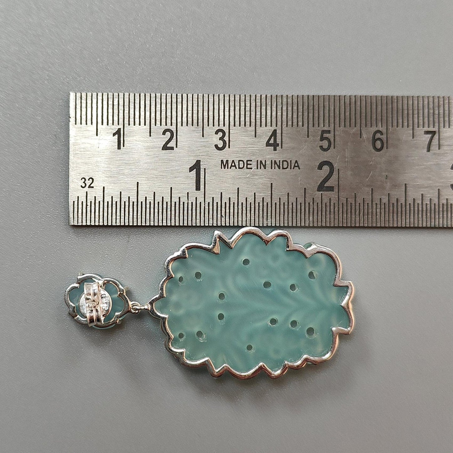 Light Blue Onyx Carving Silver Earring: 17.60gms Natural Onyx Hand Carved Oval Shape 925 Sterling Silver Prong Set Push Back Stud Earring 2"