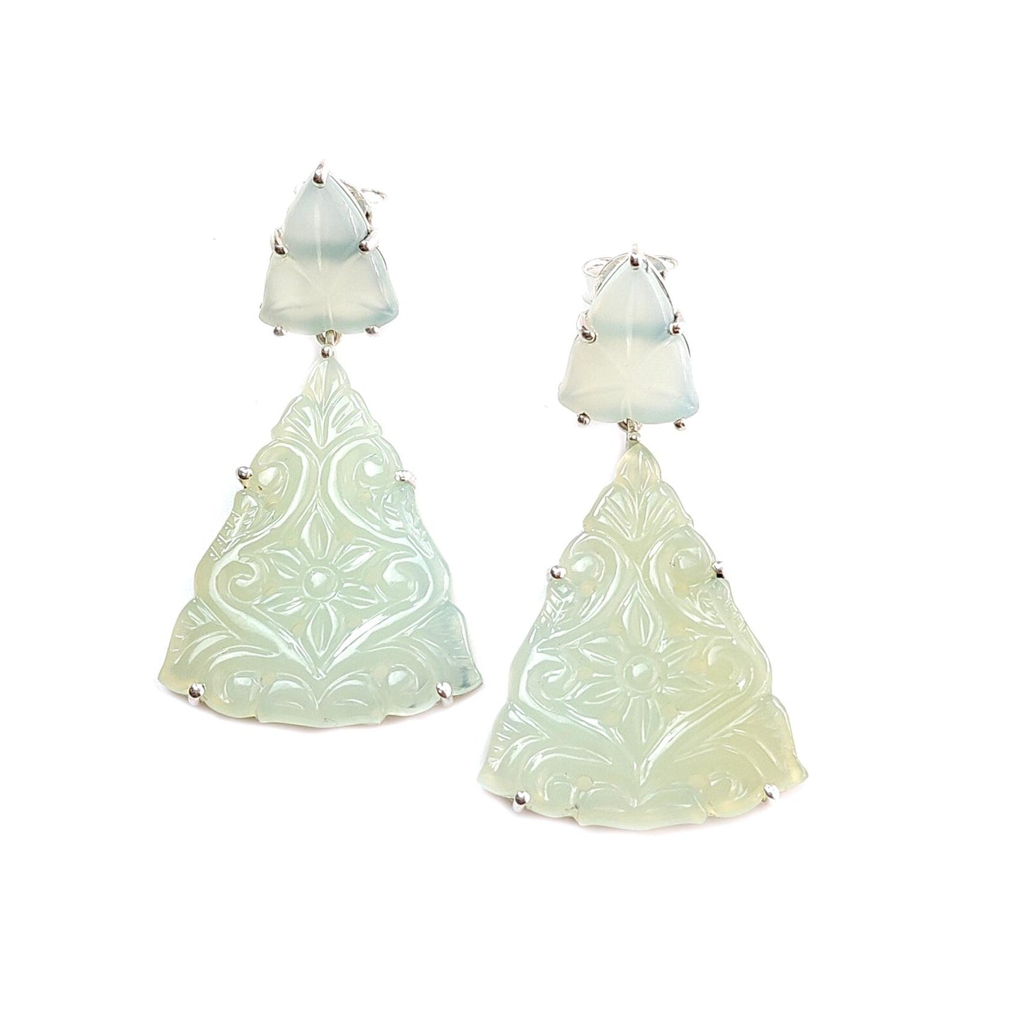 Green Onyx Carving Silver Earring: 13.00gms Natural Onyx Hand Carved Trillion Shape 925 Sterling Silver Prong Set Push Back Stud Earring 2"