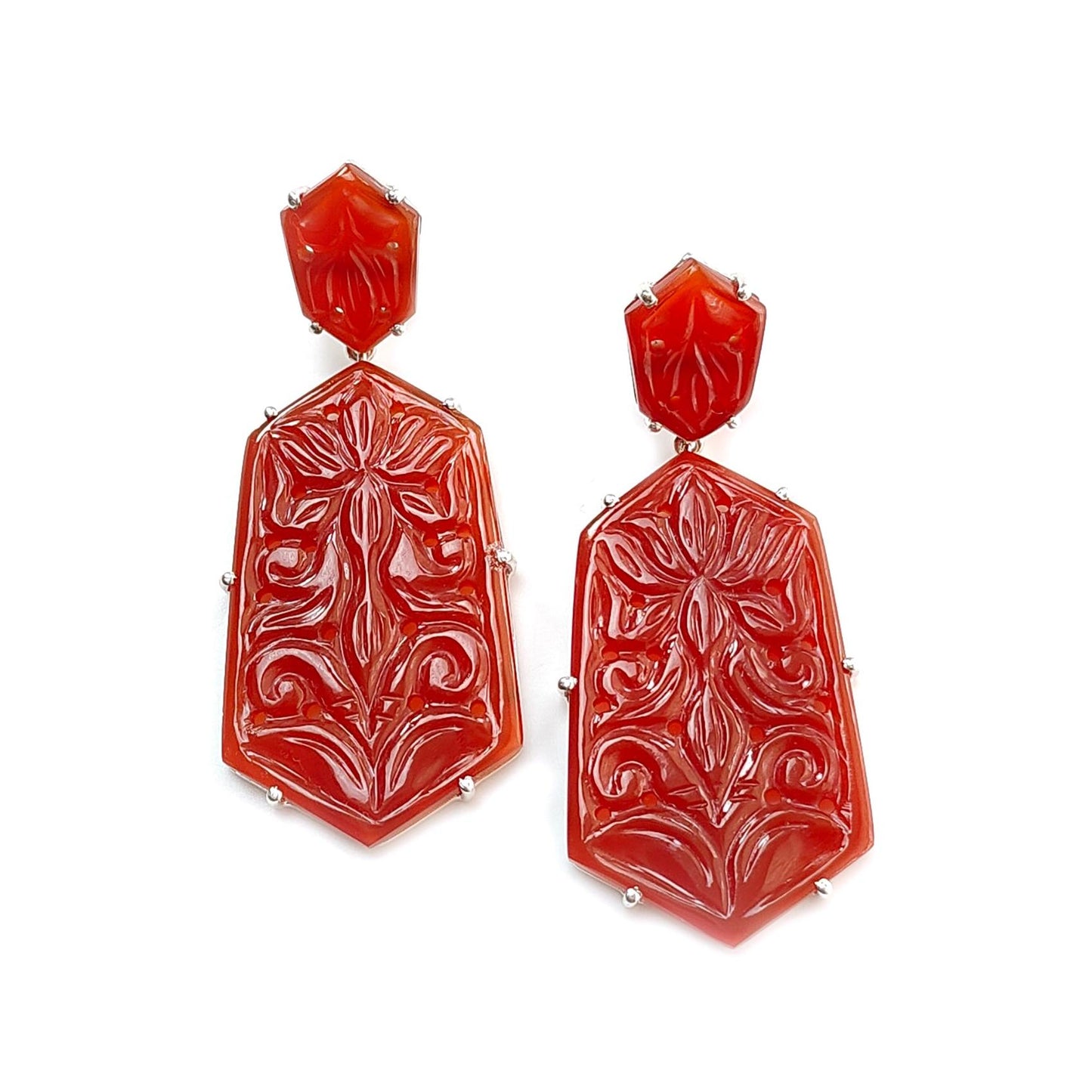 Orange Onyx Carving Silver Earring: 14.93gms Natural Onyx Hand Carved Fancy Shape 925 Sterling Silver Prong Set Push Back Stud Earring 2.30"