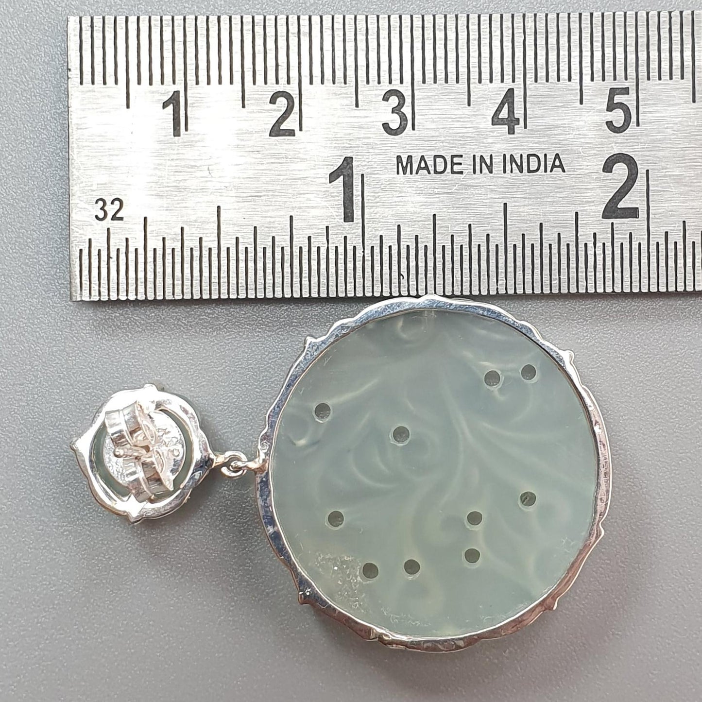 Milky Onyx Carving Silver Earring: 16.04gms Natural Onyx Gemstone Round Shape Hand Carved 925 Sterling Silver Prong Set Stud Push Back Earring 2.00"