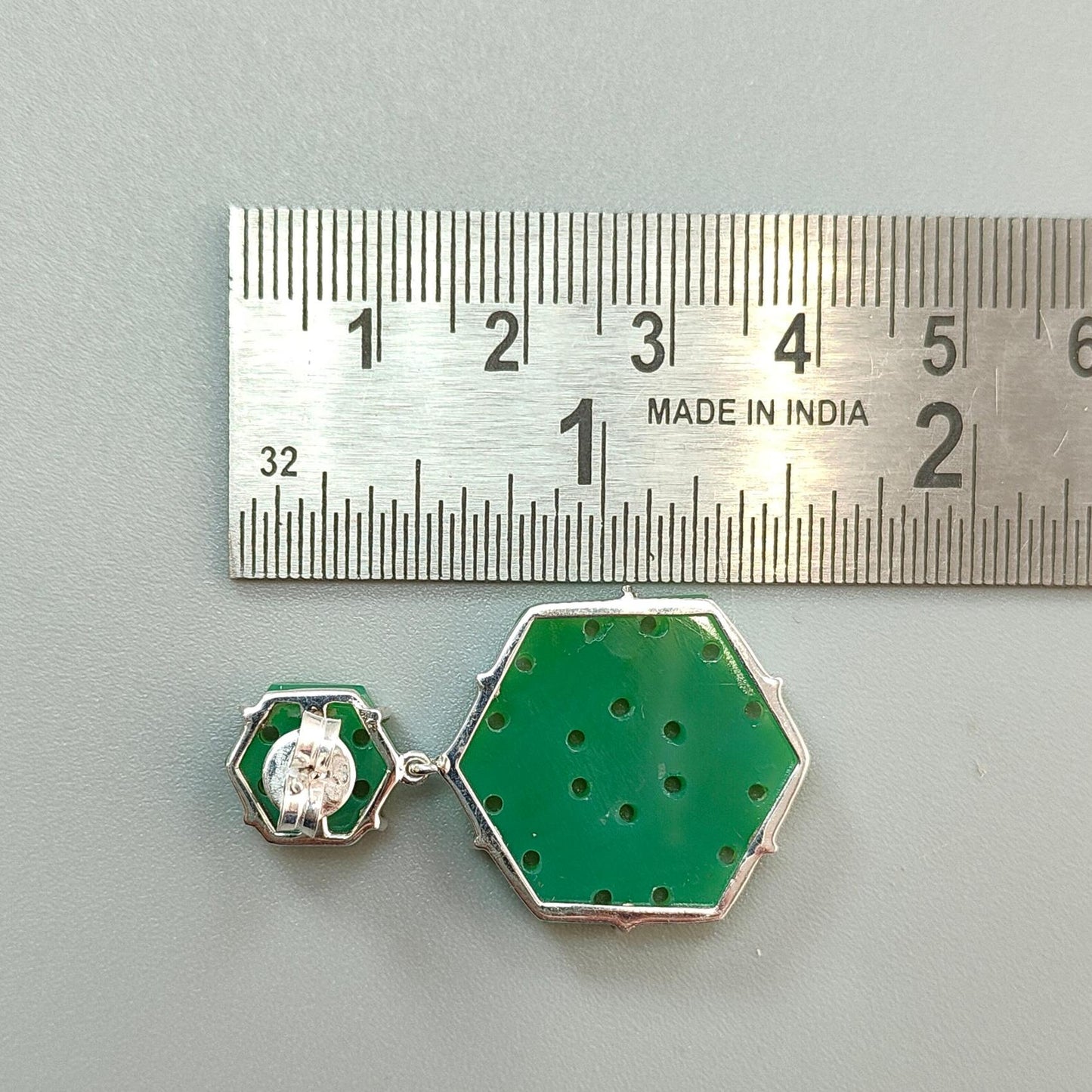 Green Onyx Carving Silver Earring: 11.64gms Natural Onyx Hand Carved Hexagon Shape 925 Sterling Silver Prong Set Push Back Stud Earring 1.5"