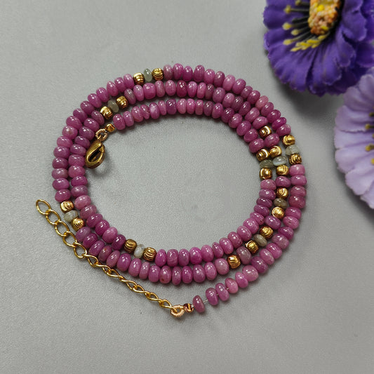 粉紅寶石與貓眼石素面圓珠項鍊