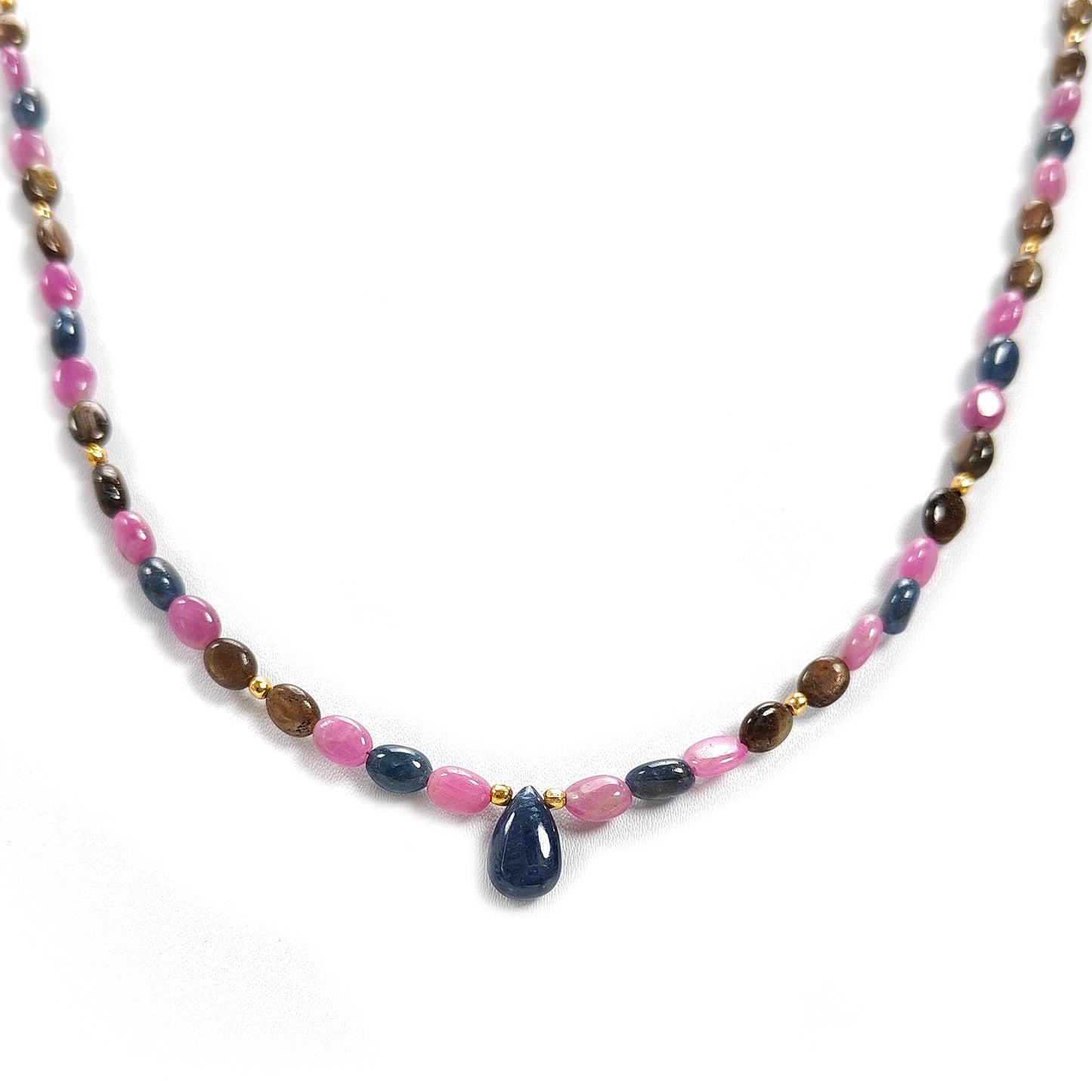 Multi Sapphire Gemstone Beads Necklace: 85.00cts (Approx) Natural Untreated Unheated Sapphire Plain Oval Brass Necklace 6*4mm - 7*5mm 21"