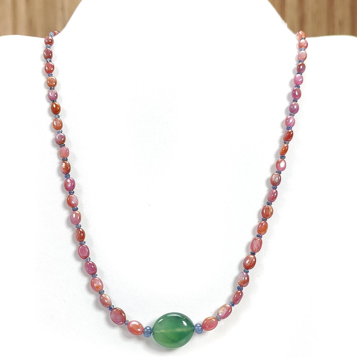 Pink Sapphire Beads Necklace: 126.60cts Natural Untreated Pink, Blue Sapphire & Green Quartz Gemstone Plain Oval Necklace 7*5mm - 8*6mm, 21"