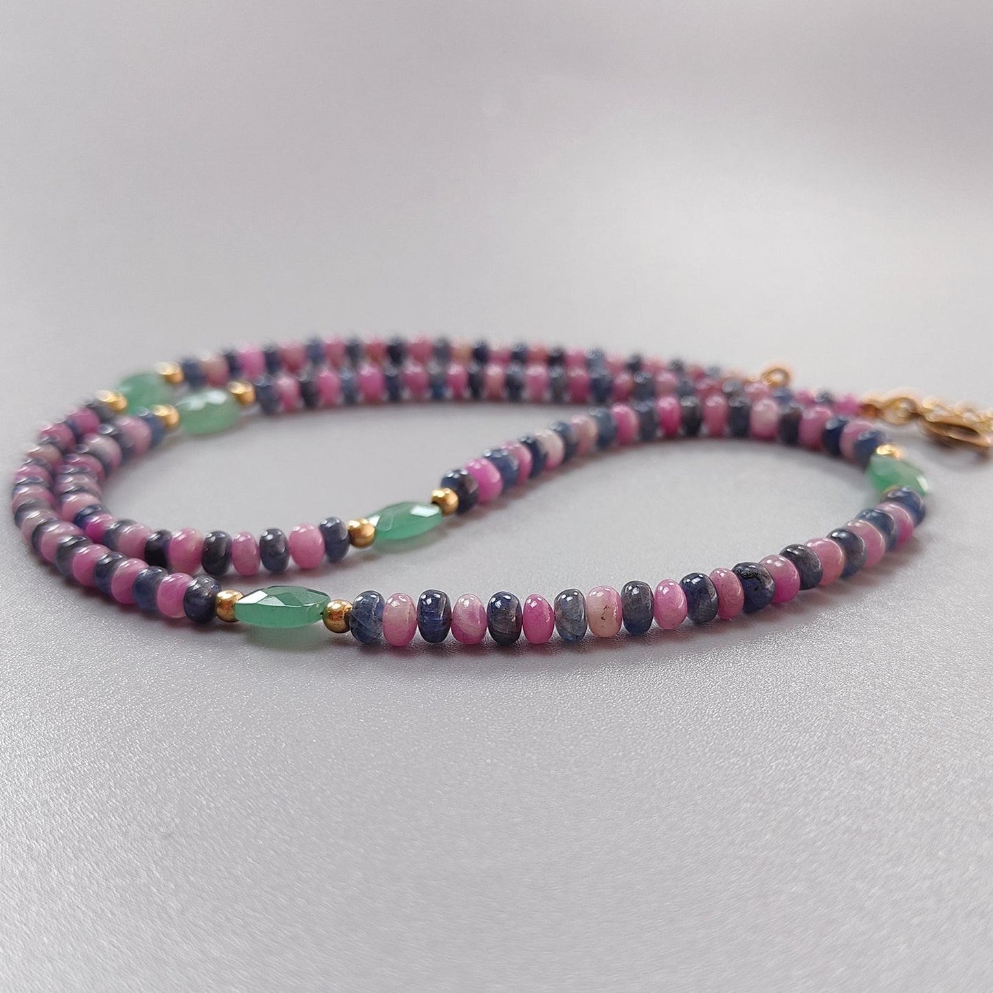 Zoisite Ruby Blue Sapphire Gemstone Beads Necklace: 18.02gms Natural Ruby, Green Quartzite Gemstone Plain Rondelle Brass Necklace 4mm 18"
