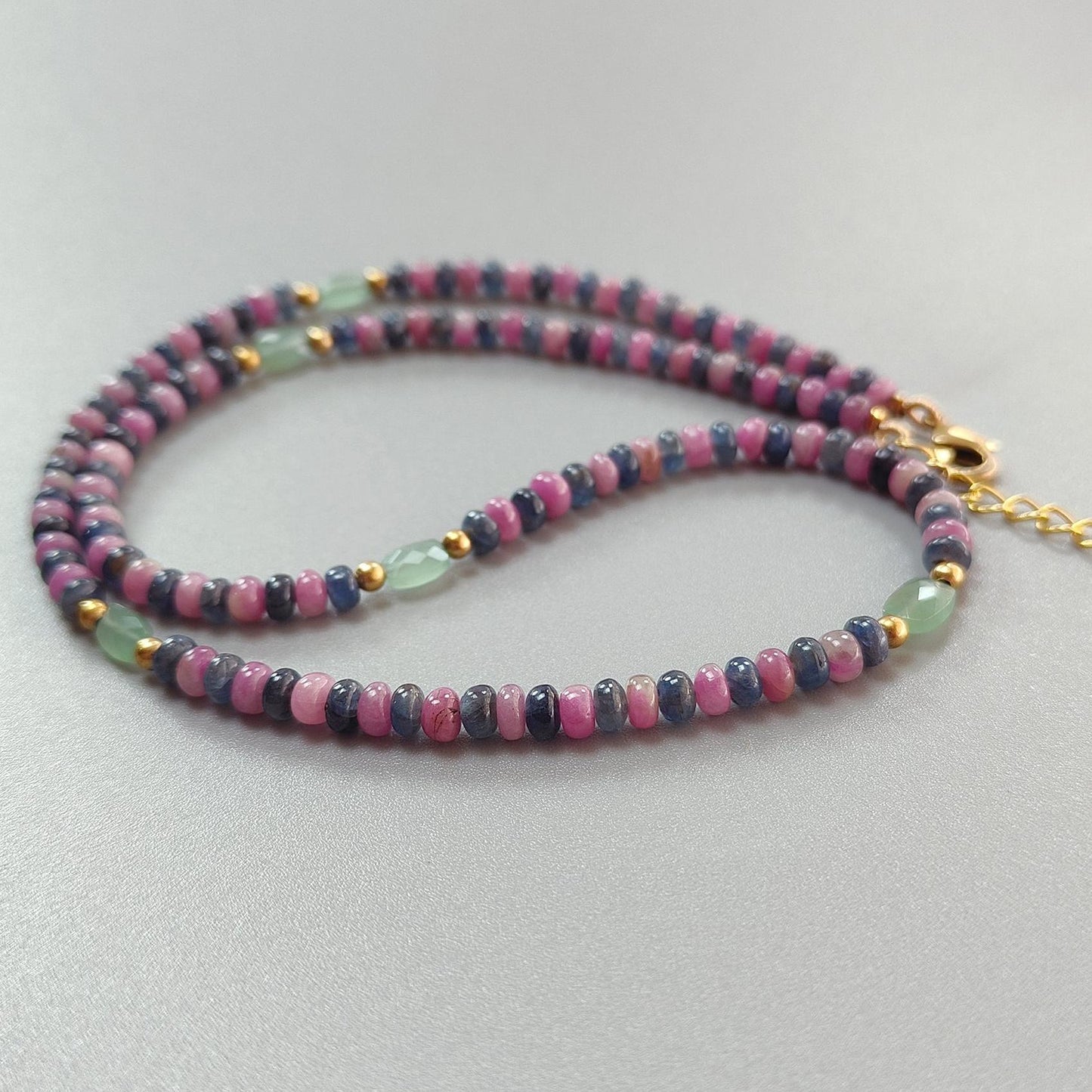 Ruby & Blue Sapphire Gemstone Beads Necklace: 18.71gms Natural Ruby, Green Quartzite Plain Rondelle Brass Necklace 3.5mm - 4mm 18"
