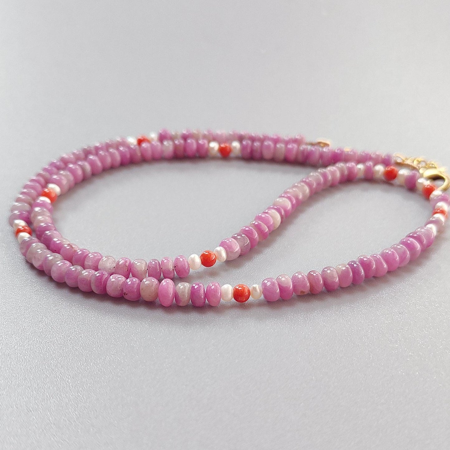 Zoisite Ruby Gemstone Beads Necklace: 20.33gms Natural Untreated Ruby, White Pearl & Red Coral Plain Rondelle Brass Necklace 4.5mm - 5mm 18"