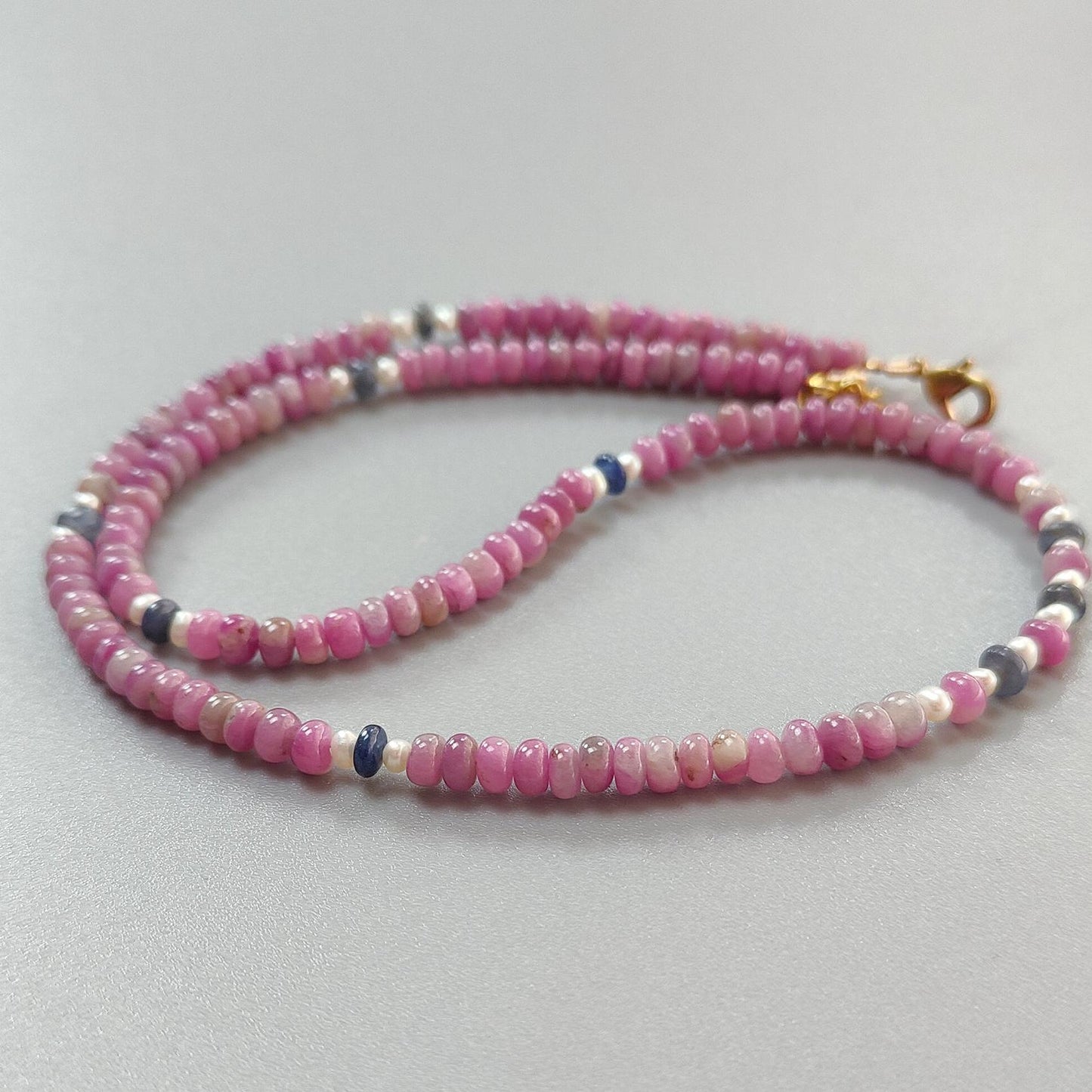 Zoisite Ruby Gemstone Beads Necklace: 21.22gms Natural Ruby, White Pearl & Blue Sapphire Plain Rondelle Brass Necklace 4.5mm - 5mm 18"