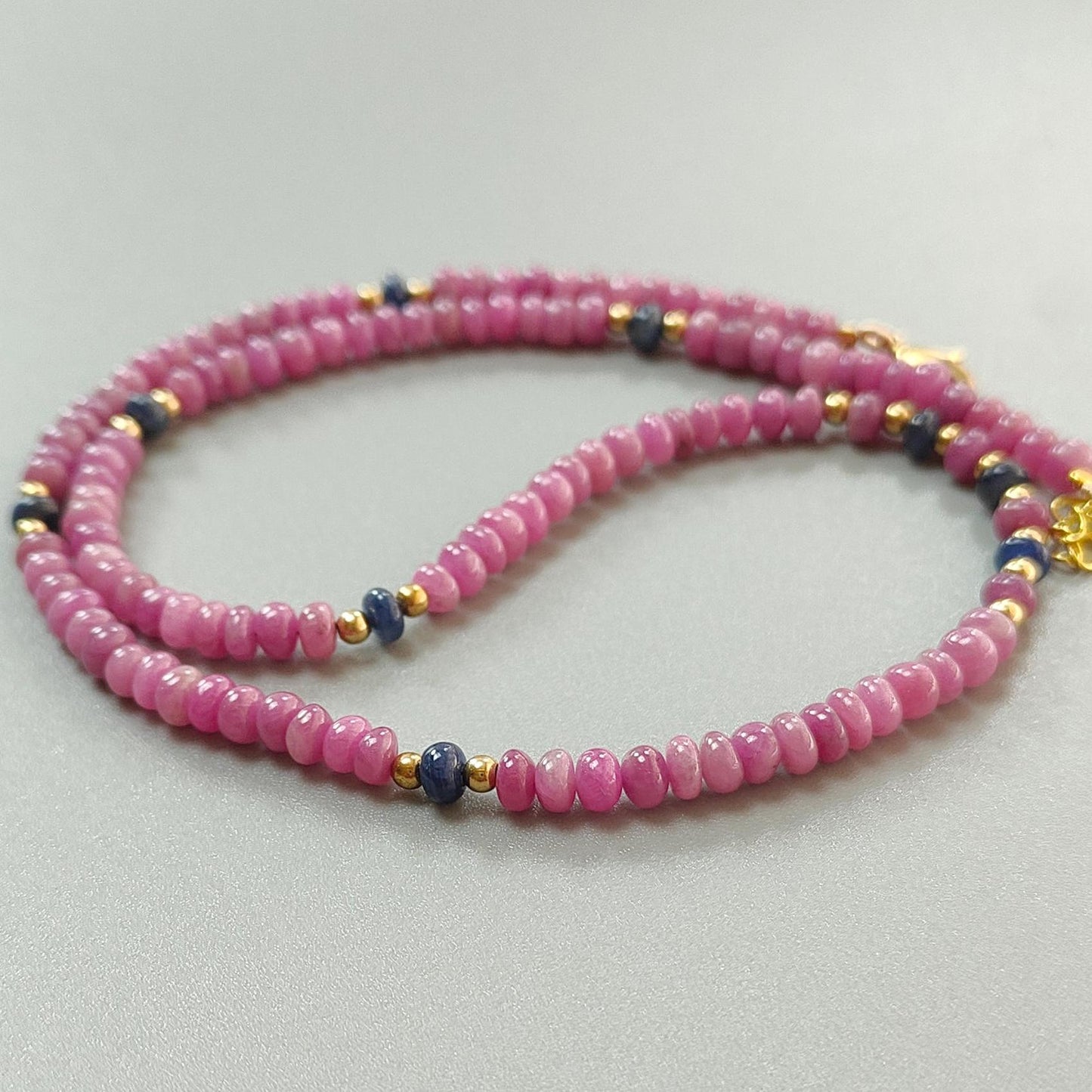 Ruby Gemstone Beads Necklace: 23gms Natural Untreated Ruby, Blue Sapphire Plain Rondelle Brass Necklace 4.5mm - 5mm 18"