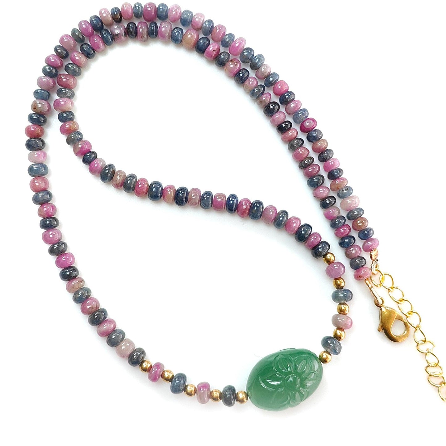 Zoisite Ruby & Blue Sapphire Gemstone Beads Necklace: Natural Untreated Ruby, Green Quartzite Plain Rondelle Brass Necklace 18" 1 Strand