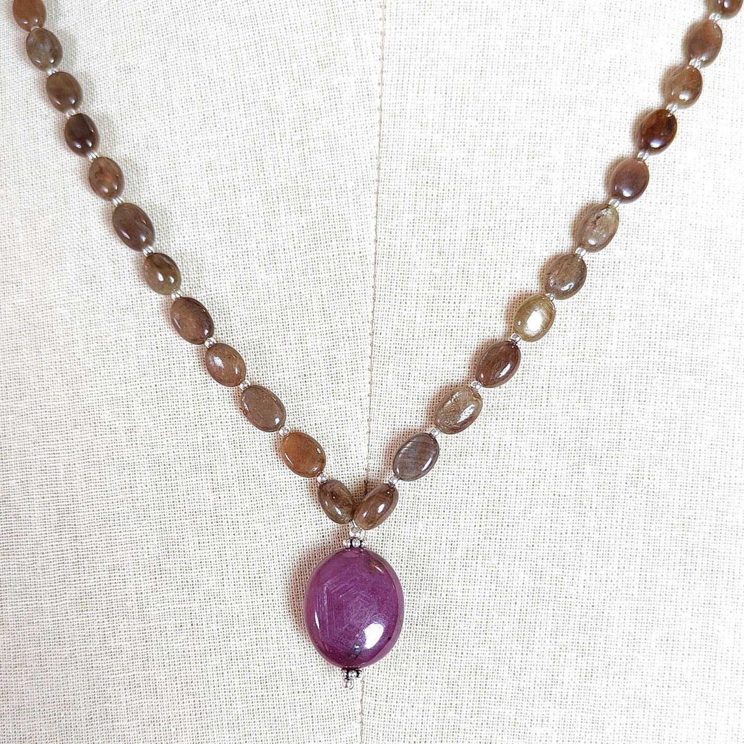 Golden Chocolate Sapphire Gemstone Beads Necklace: 24.06gms Natural Ruby, Sapphire Plain Oval 925 Silver Necklace 6*5mm - 8*5.5mm 22"