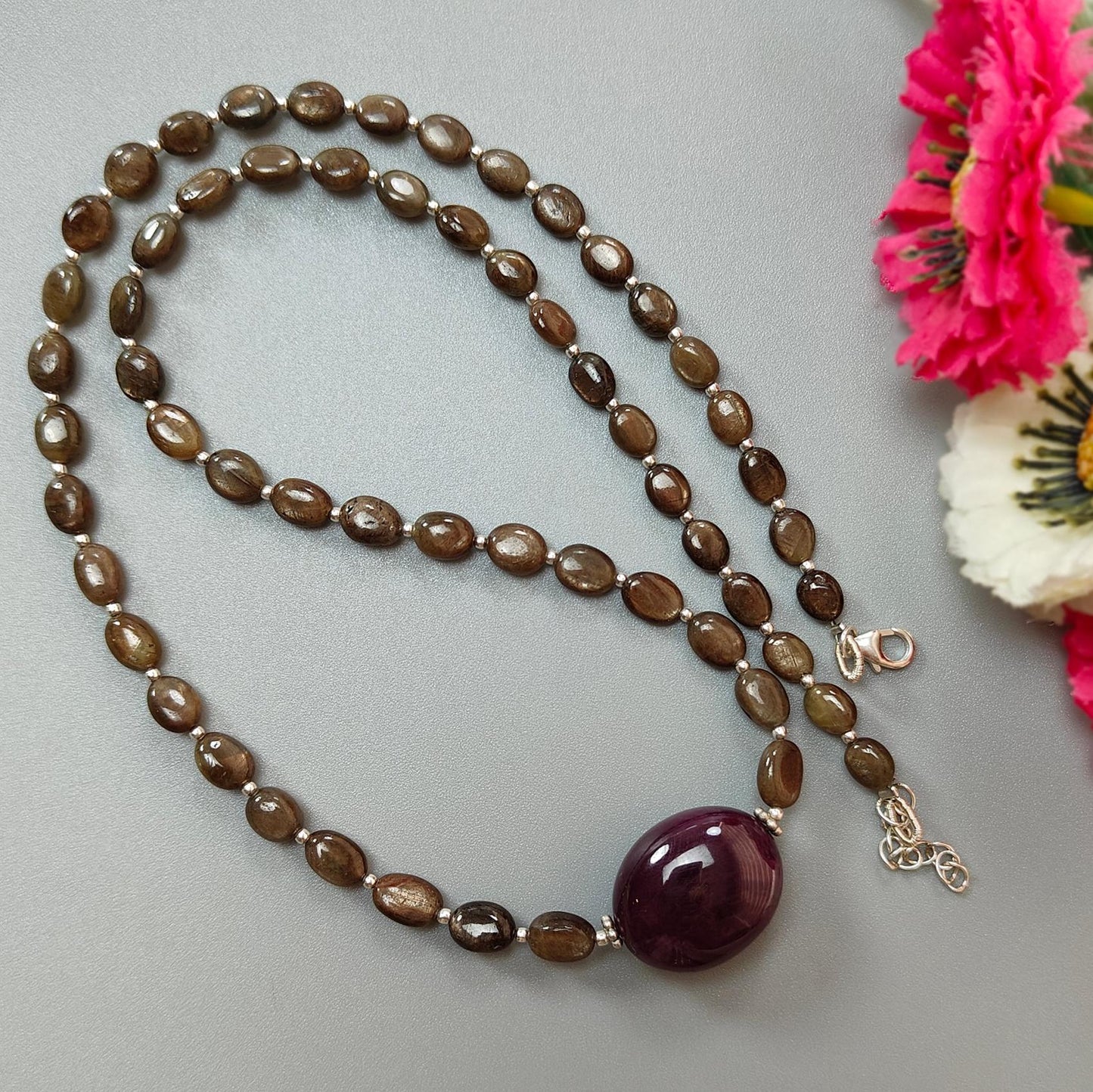 Golden Chocolate Sapphire Gemstone Beads Necklace: 28.11gms Natural Ruby, Sapphire Plain Oval 925 Silver Necklace 6*5mm - 8*6mm 20"