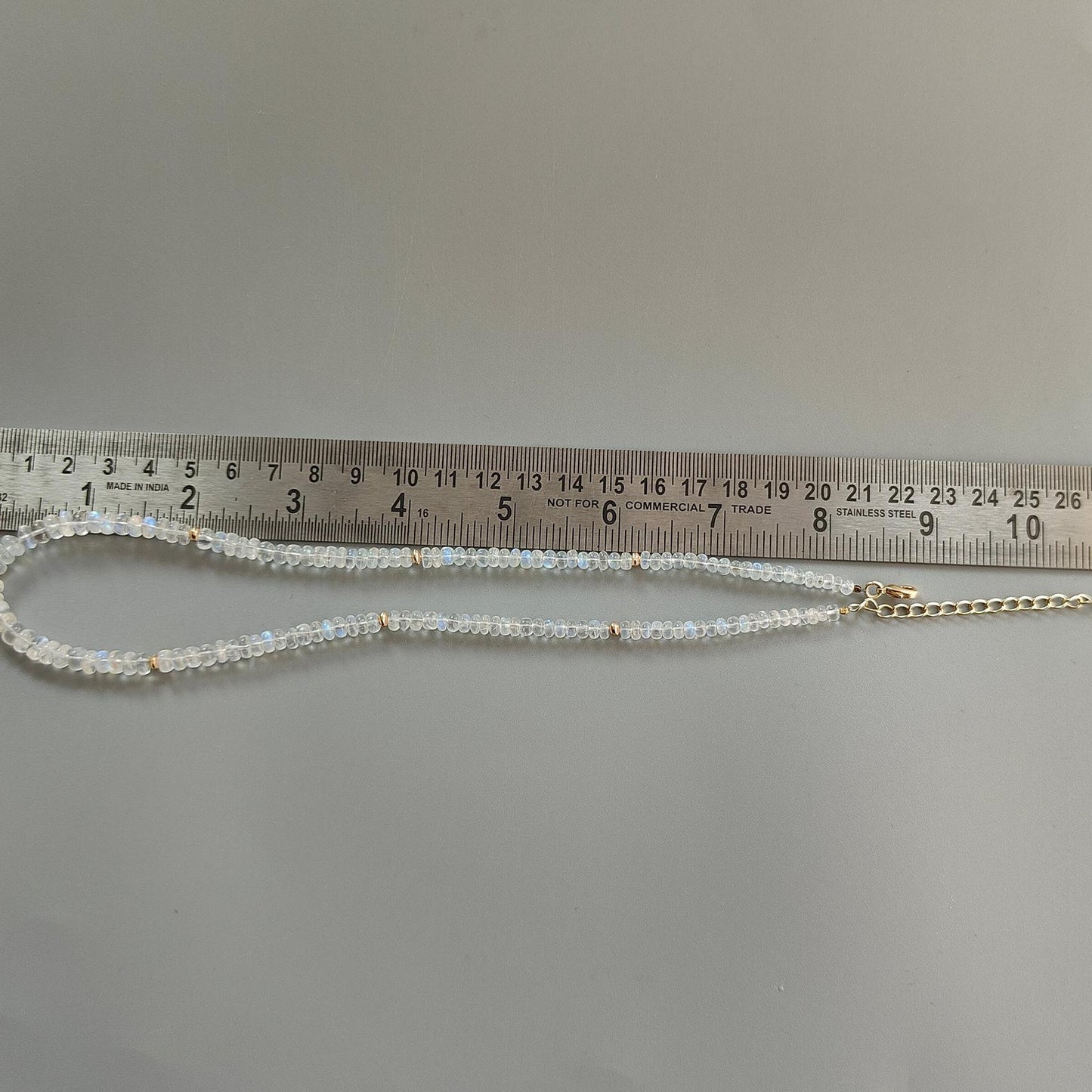 Rainbow Moonstone Gemstone Beads Necklace: 17.31gms Natural Moonstone Plain Rondelle Brass Necklace 16.5" Necklace June Birthstone