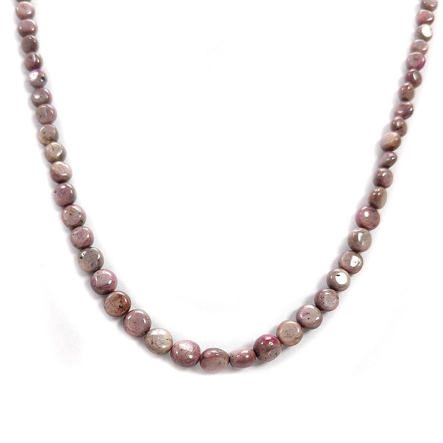 Pink Sapphire Gemstone Beads Necklace: 28.00gms Natural Untreated Unheated Sapphire Plain Round Brass Necklace 5mm - 9mm 19"