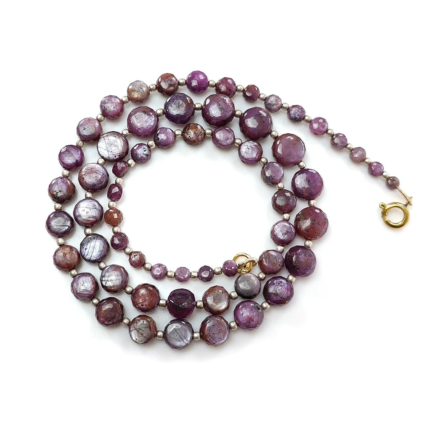 Pink Sapphire Gemstone Beads Necklace: 159.50cts Natural Untreated Raspberry Sapphire Plain Side Faceted Round Brass Necklace 4mm - 9mm 20"