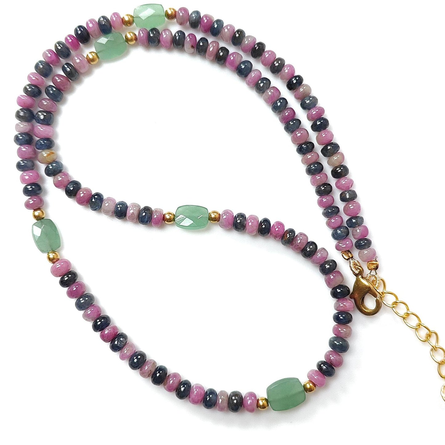 Zoisite Ruby & Blue Sapphire Gemstone Beads Necklace: Natural Untreated Ruby, Green Quartzite Plain Rondelle Brass Necklace 18" 1 Strand