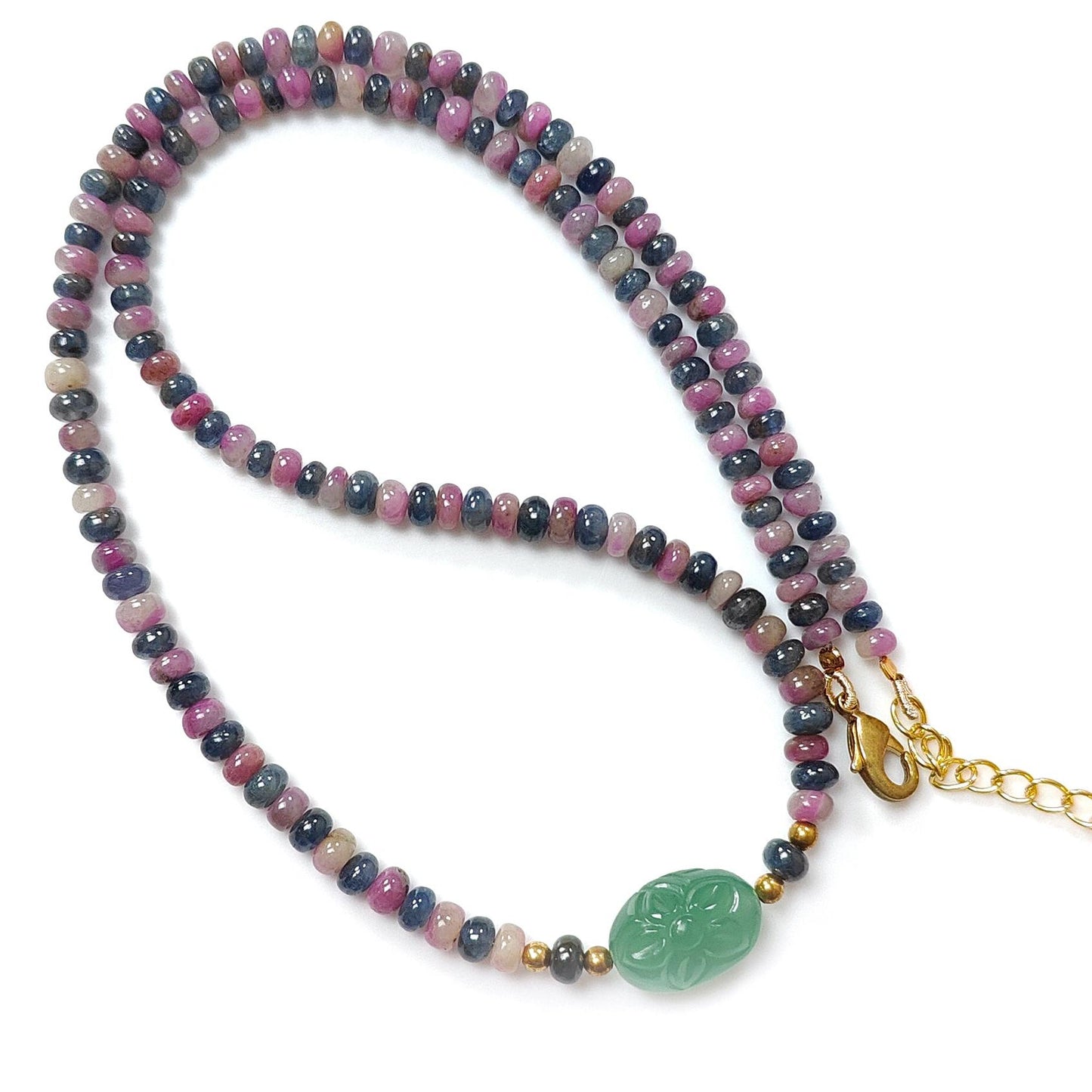 Zoisite Ruby & Blue Sapphire Gemstone Beads Necklace: Natural Untreated Ruby, Green Quartzite Plain Rondelle Brass Necklace 18" 1 Strand