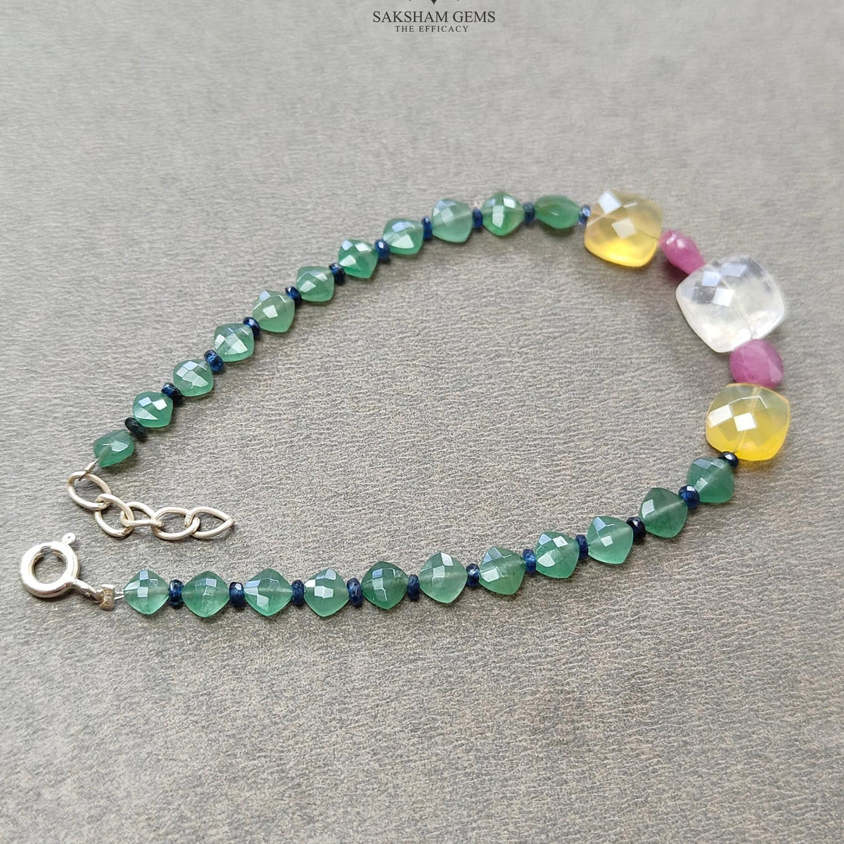 5.20gms Natural Green Quartz, Opal Moonstone Checker Cut Beads 925 Silver Bracelet 8.25"