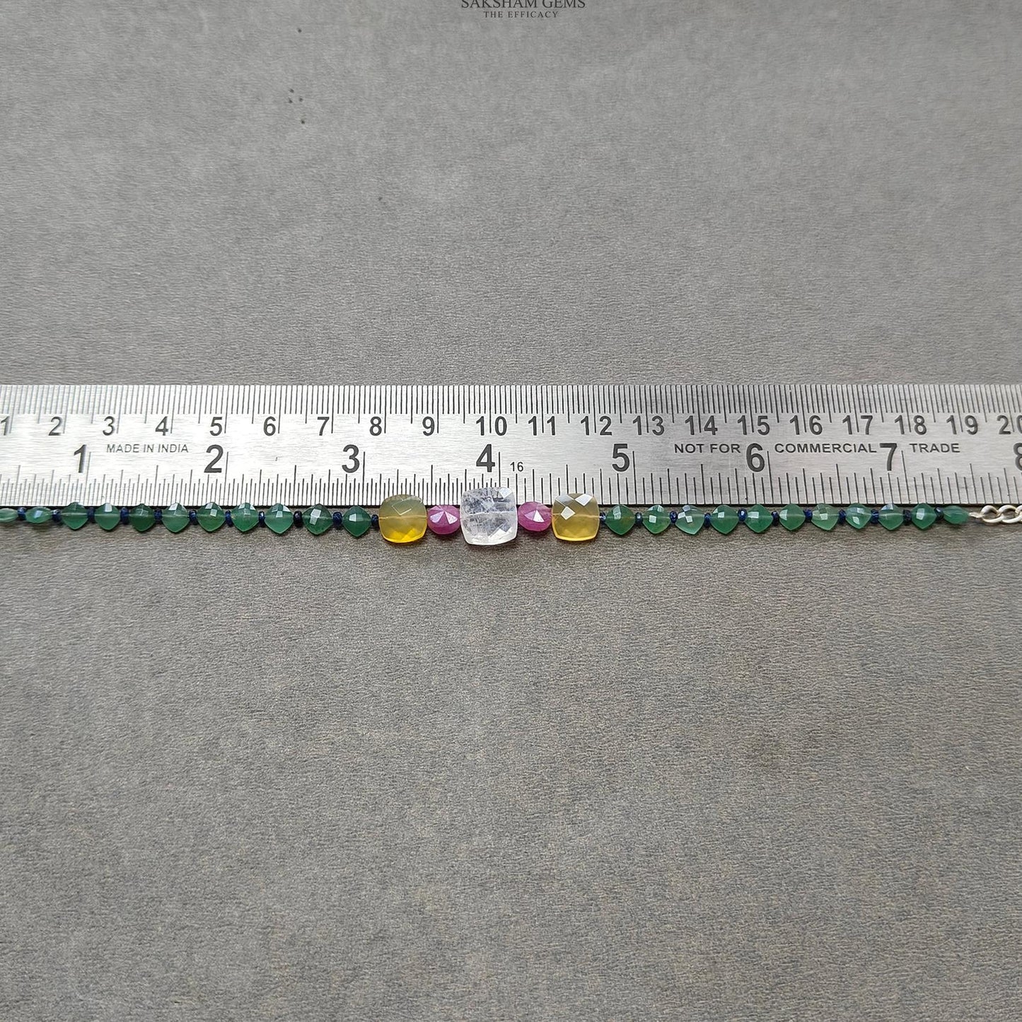 Gemstone Beads Bracelet : 5.20gms Green Quartz Yellow Opal Moonstone & Sapphire 925 Sterling Sliver Beaded Bracelet Checker Cut 8.25"