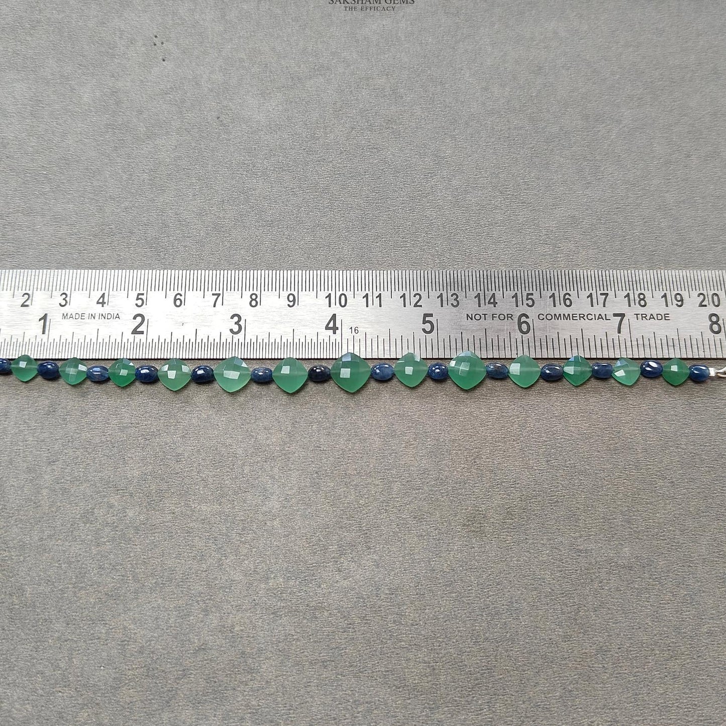 Quartz & Sapphire Gemstone Beads Bracelet : 7.63gms Green Quartz Blue Sapphire 925 Sterling Sliver Beaded Bracelet Checker Cut 8.5"