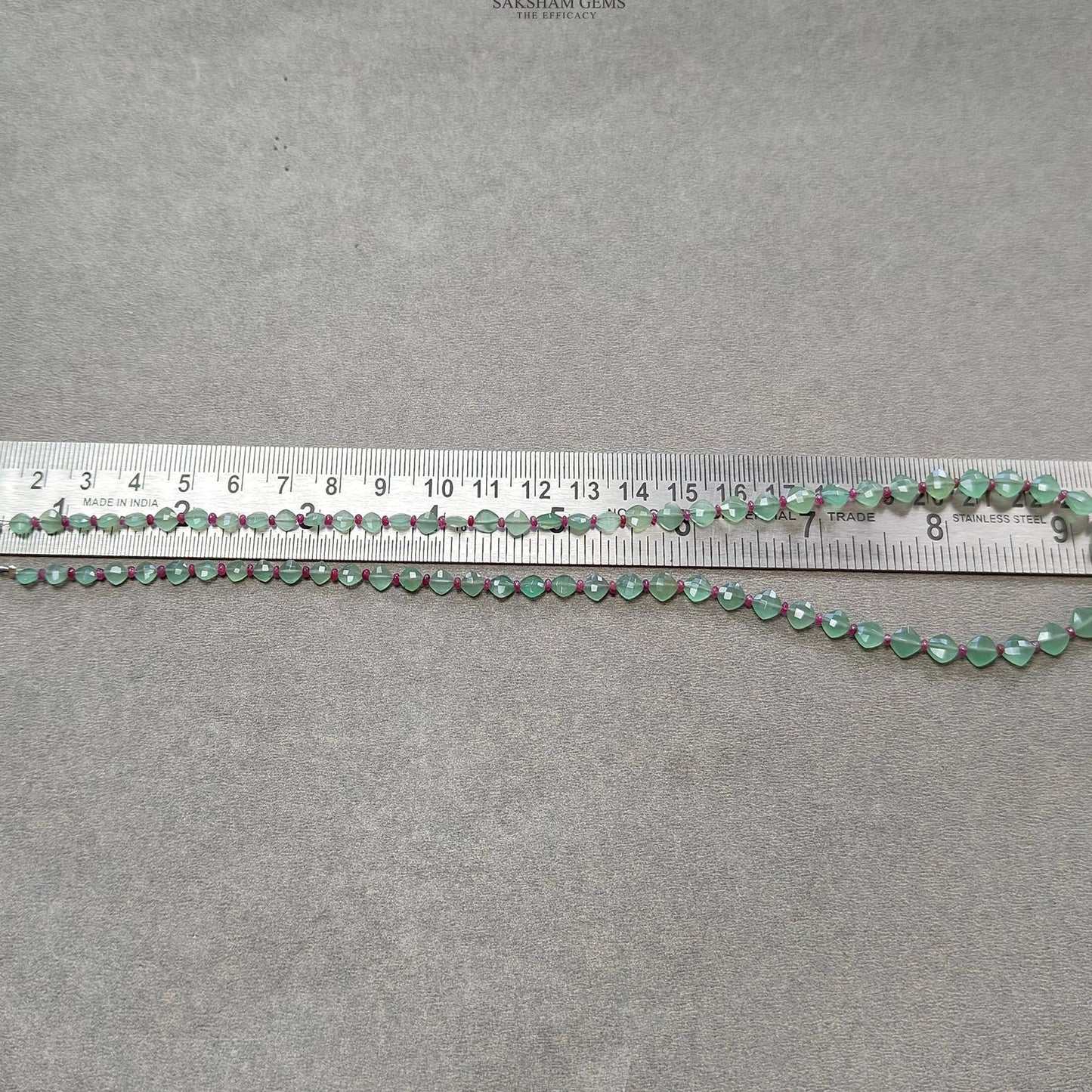 Quartz & Ruby Beads Necklace : 8.5gms 925 Sterling Silver Ruby Green Quartz Briolette Faceted Cushion Necklace 19"