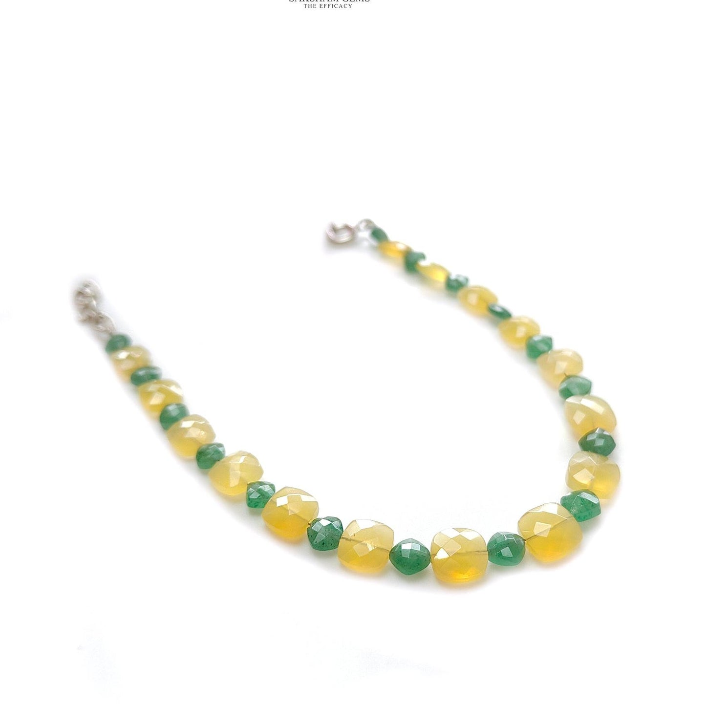 Opal & Quartz Beads Bracelet : 4.38gms 925 Sterling Silver Yellow Opal And Green Quartz Gemstone Briolette Cushion Checker Cut Bracelet 8"
