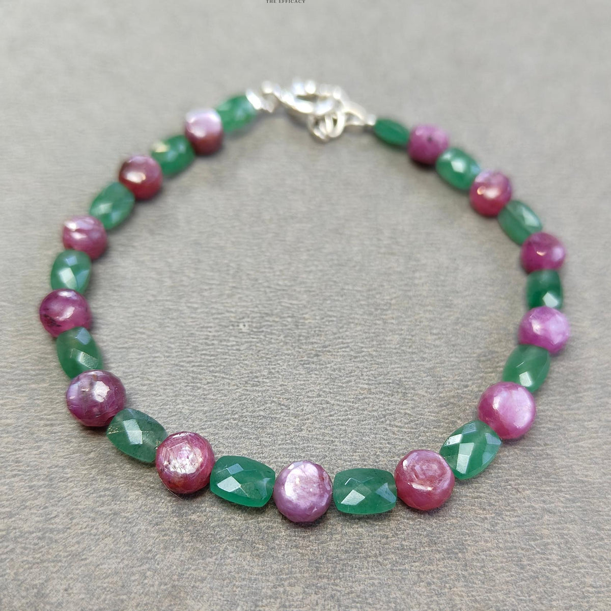 8.59gms Natural Quartz & Pink Sapphire Checker Cut Beads 925 Sterling Sliver Bracelet 8"