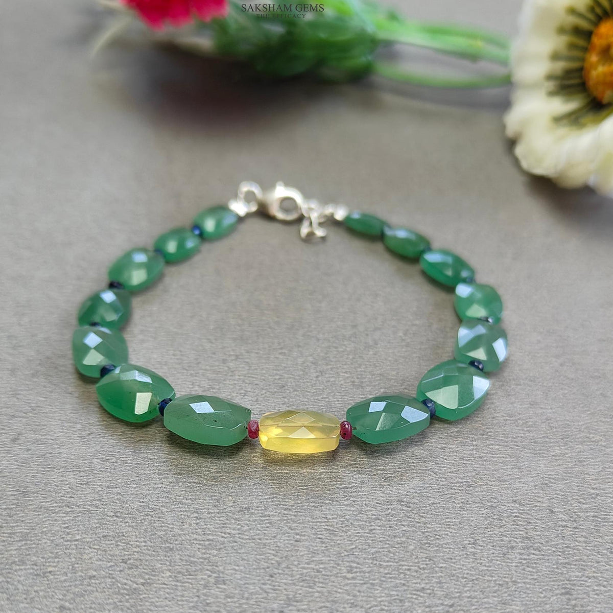 6.19gms Natural Quartz & Opal Checker Beads 925 Sterling Silver Cushion Bracelet 7"