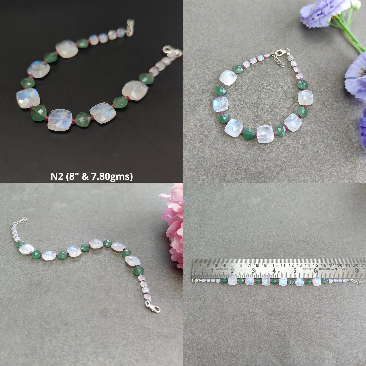 Gemstone Beads Bracelet : Green Quartz Rainbow Moonstone Red Ruby 925 Sterling Sliver Beaded Bracelet Briolette Checker Cut