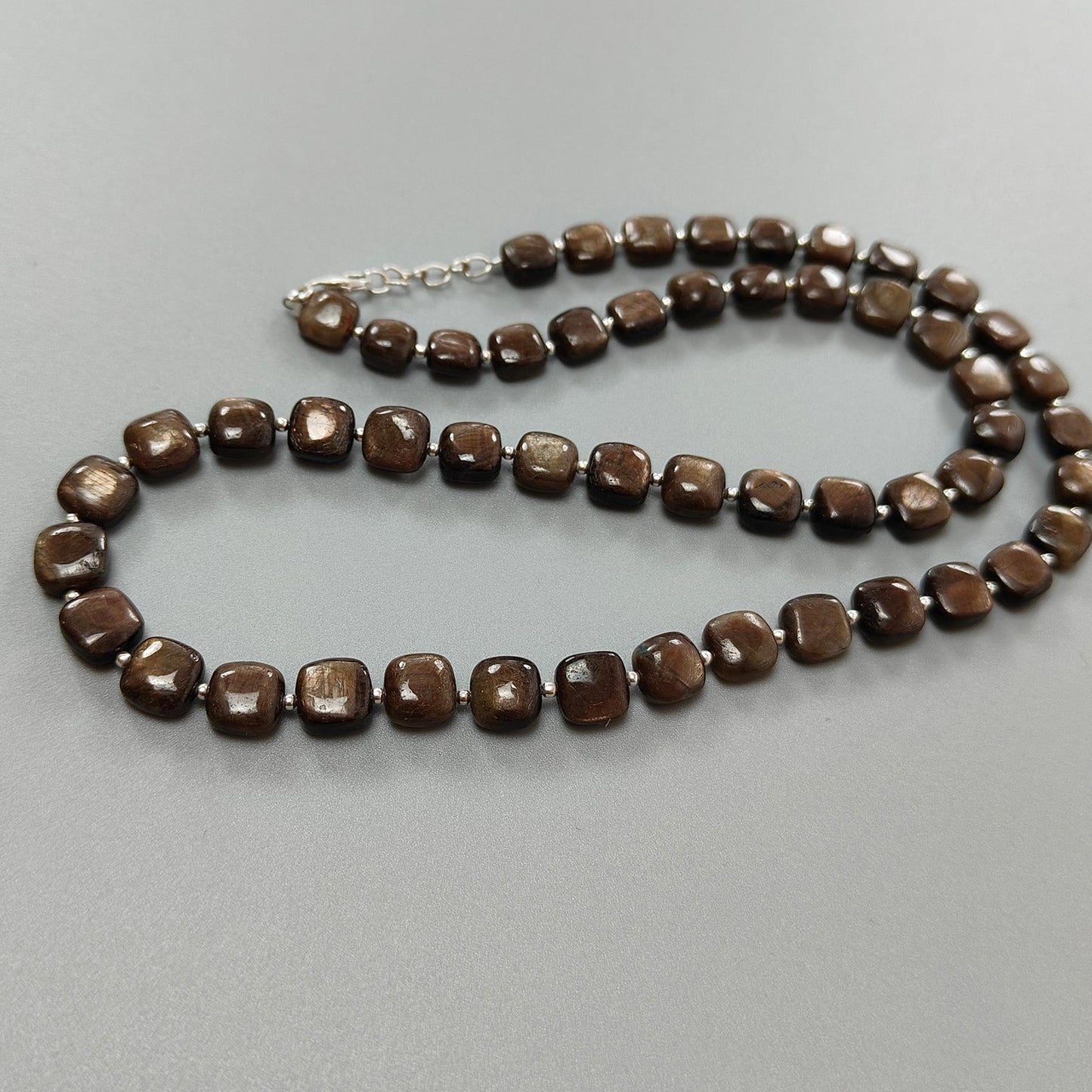 Golden Brown Chocolate Sapphire Gemstone Beads Necklace: 36.00gms (Apx) Natural Plain Cushion Sapphire 925 Sterling Silver 7mm-8mm 19" (Apx)