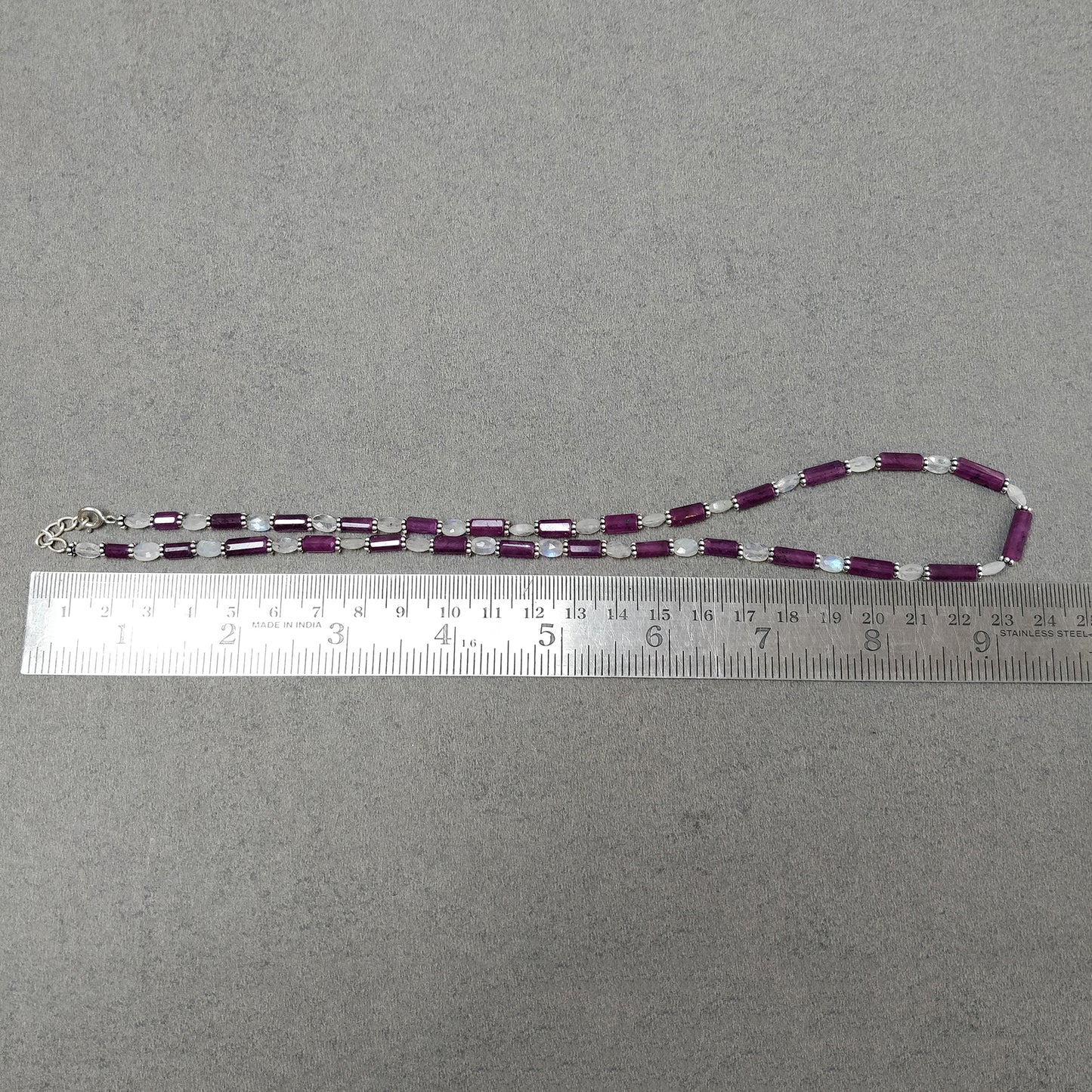 Raspberry Sapphire & Rainbow Moonstone Gemstone Fancy Cut NECKLACE: 93.30gms Natural Untreated Pencil 925 Sterling Silver 5mm - 12mm 18.25"