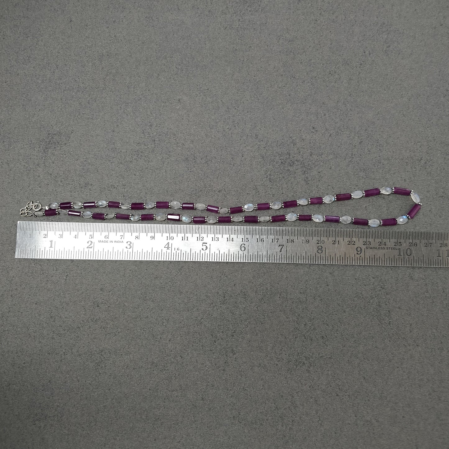 Raspberry Sapphire & Rainbow Moonstone Gemstone Fancy Cut NECKLACE: 105.00gms Natural Untreated Pencil 925 Sterling Silver 4.5mm - 11mm 20"