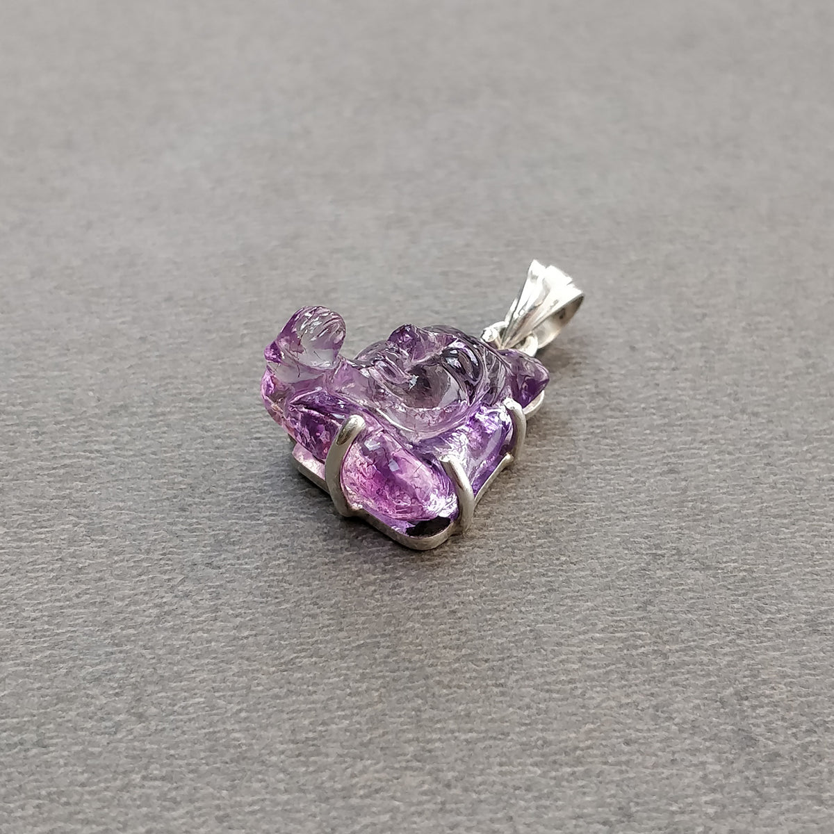 3.96gms Natural Amethyst Gemstone 925 Silver Carving Lord Shiva Prong Set Pendant 1"