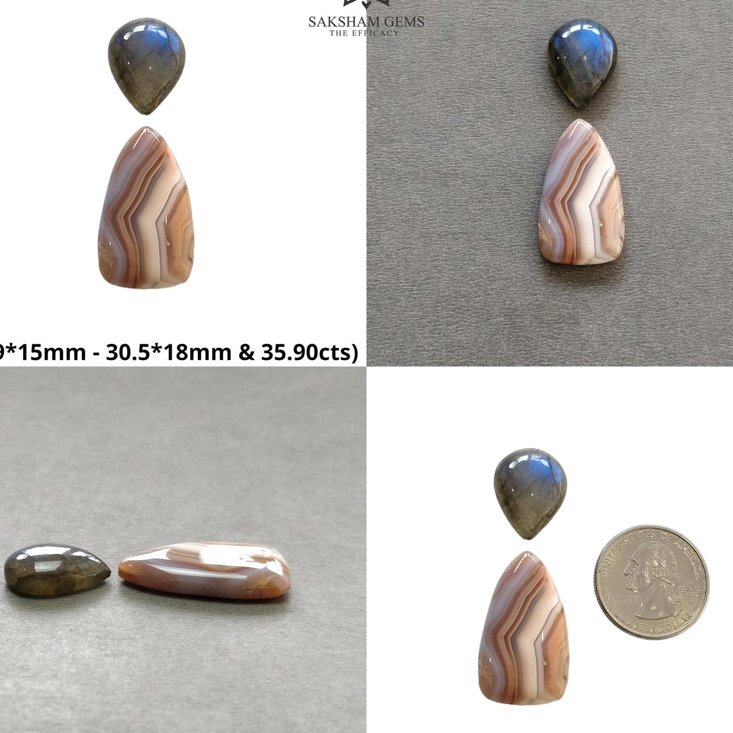 Botswana Agate Chrysoprase Peach Moonstone & Labradorite Gemstone Cabochon Rose Cut Natural Multi Shapes 2pcs Sets