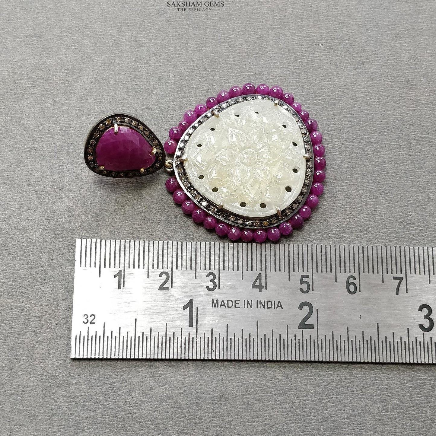 Ruby Yellow Sapphire & Diamond Gemstone Earring : 21.61gms 925 Sterling Silver Natural Drop Dangle Push Back Prong Set Earring 2.2"