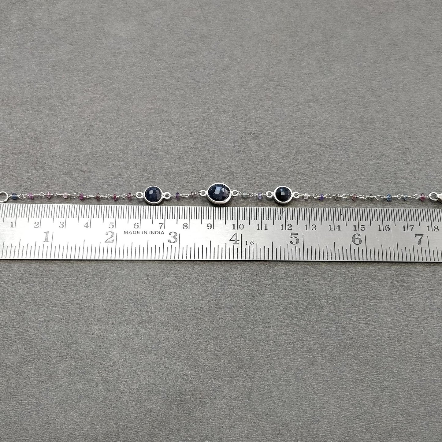 925 Sterling Silver Bracelet : 3.84gms Natural Blue Sapphire Gemstone Round Checker Cut Briolette Bezel Set Chain Bracelet 7.5"